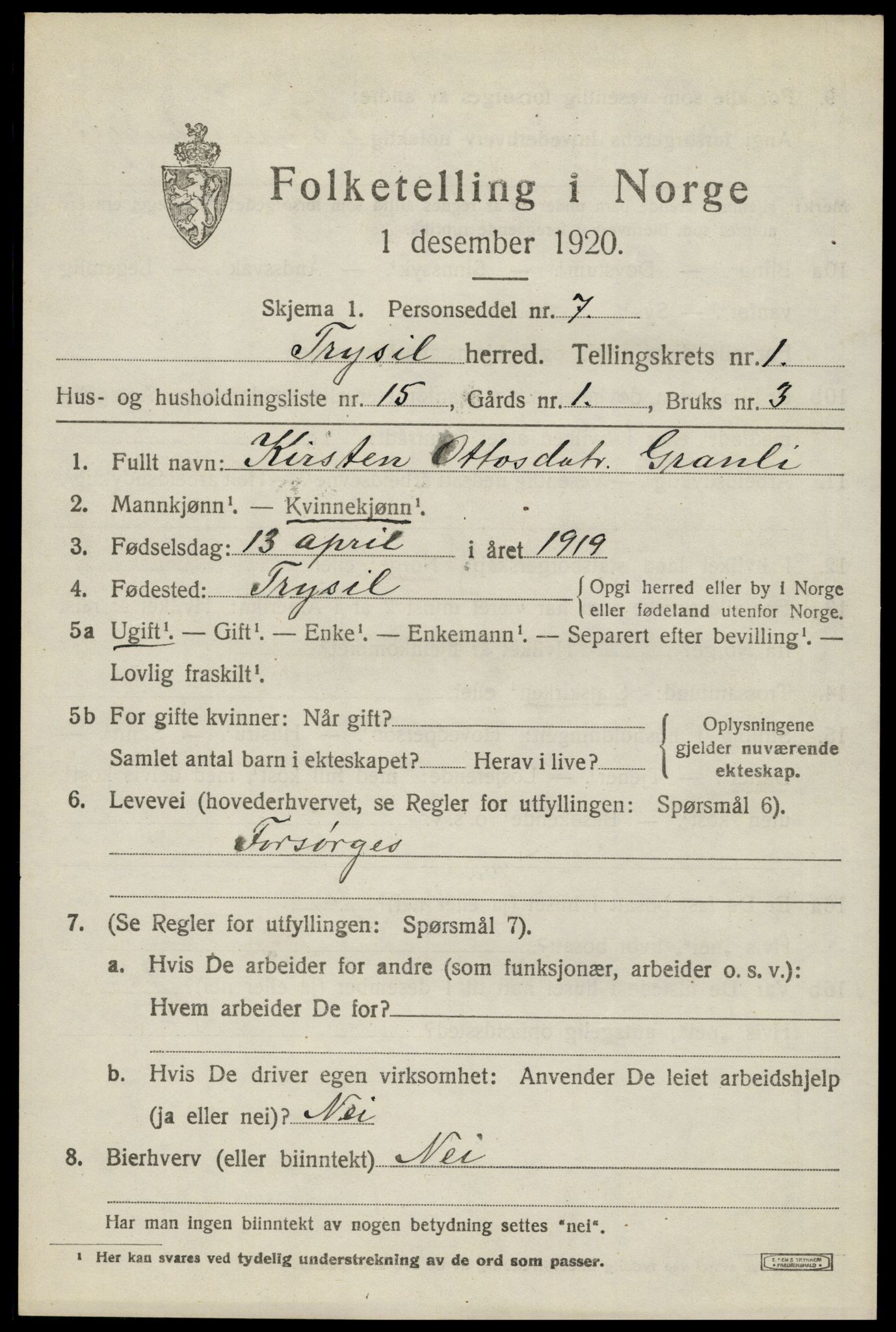 SAH, 1920 census for Trysil, 1920, p. 2737