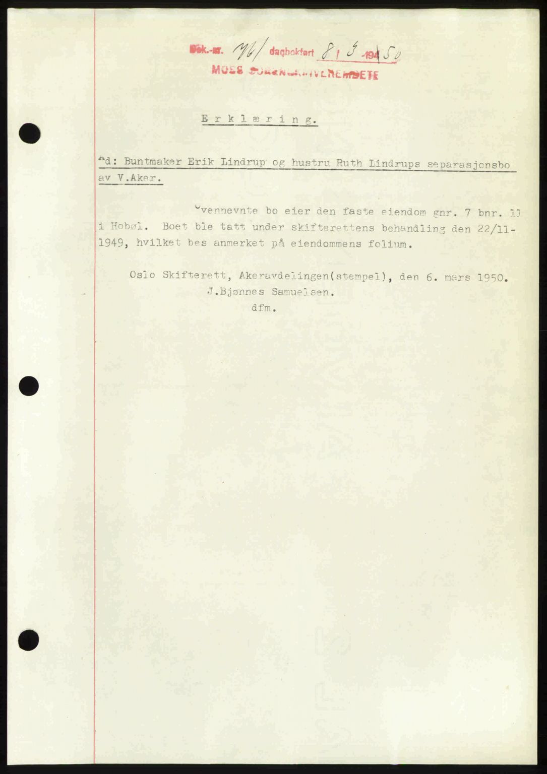 Moss sorenskriveri, SAO/A-10168: Mortgage book no. A25, 1950-1950, Diary no: : 761/1950