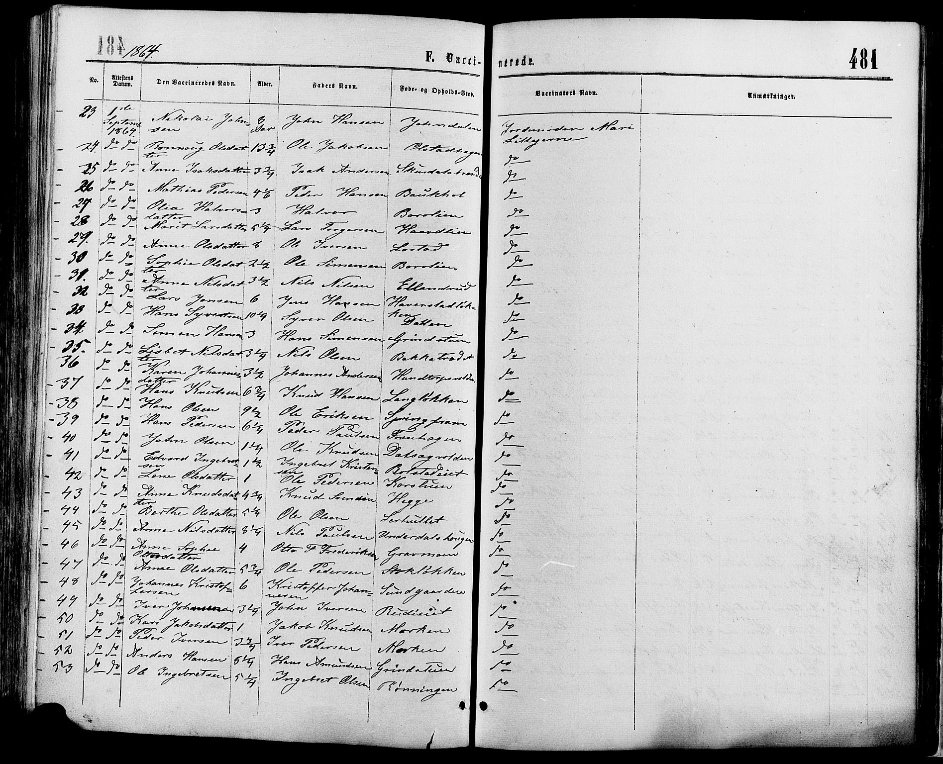 Sør-Fron prestekontor, AV/SAH-PREST-010/H/Ha/Haa/L0002: Parish register (official) no. 2, 1864-1880, p. 481