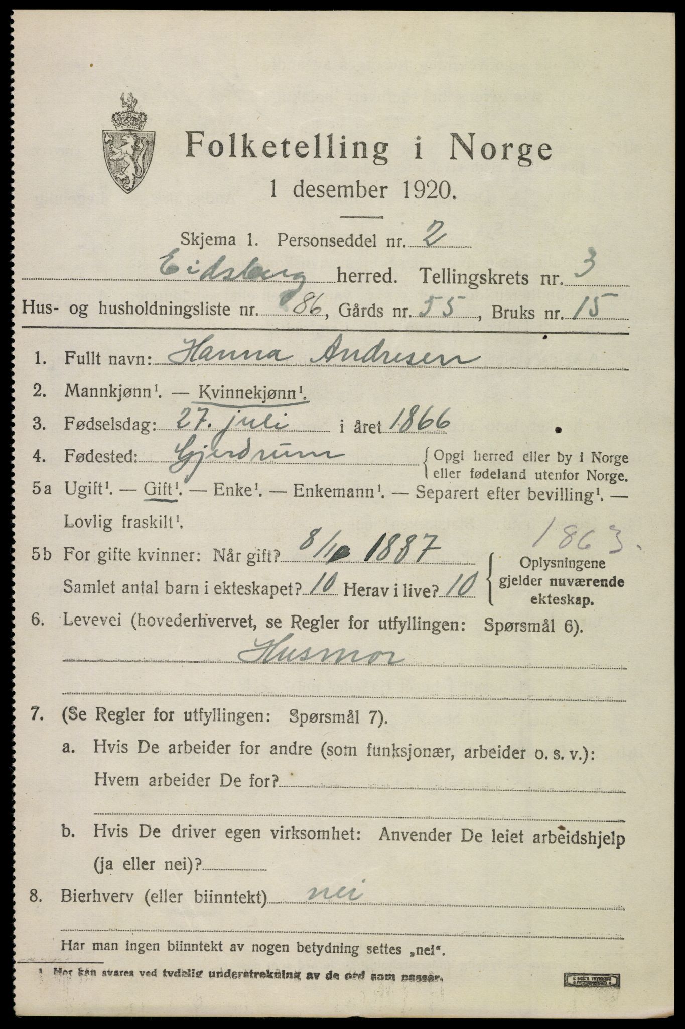 SAO, 1920 census for Eidsberg, 1920, p. 4975