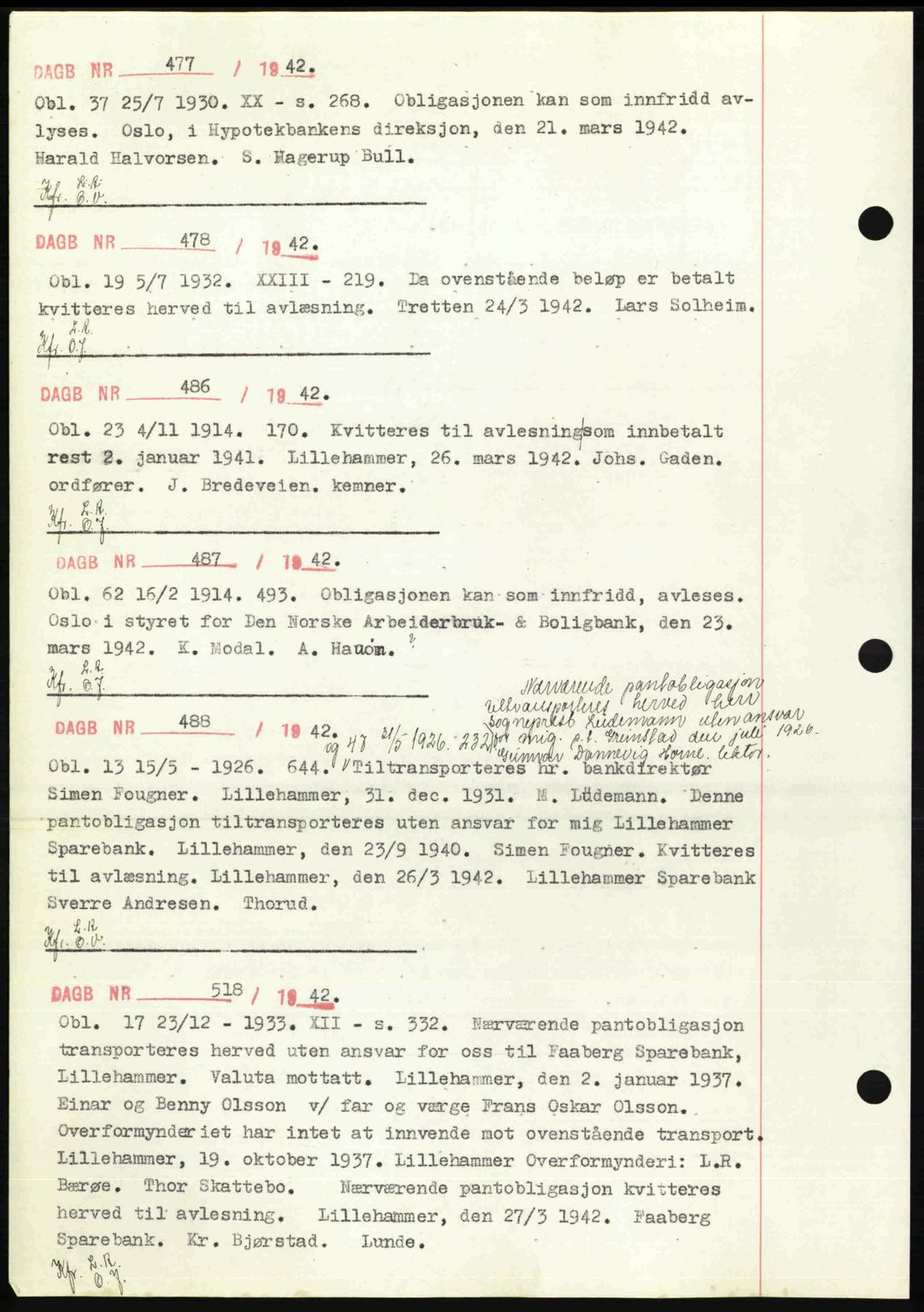 Sør-Gudbrandsdal tingrett, SAH/TING-004/H/Hb/Hbf/L0002: Mortgage book no. C1, 1938-1951, Diary no: : 477/1942