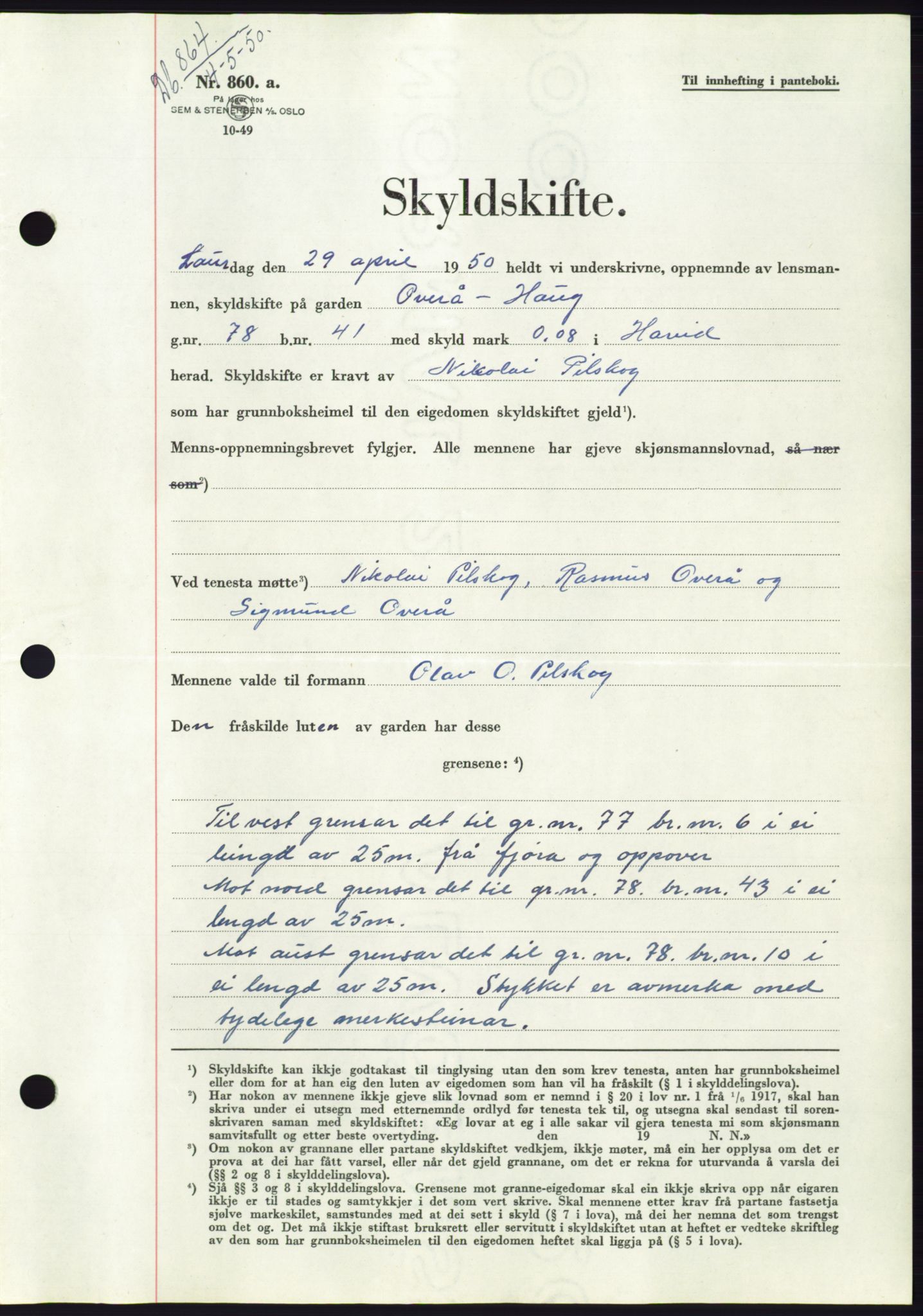 Søre Sunnmøre sorenskriveri, AV/SAT-A-4122/1/2/2C/L0086: Mortgage book no. 12A, 1949-1950, Diary no: : 864/1950