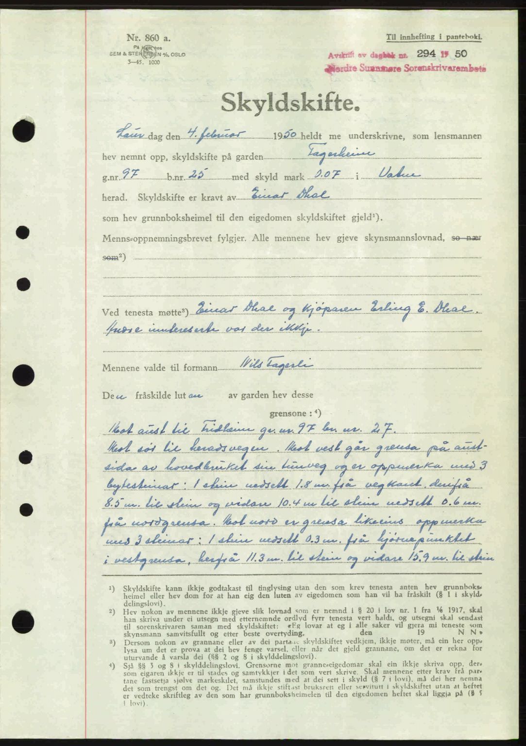 Nordre Sunnmøre sorenskriveri, AV/SAT-A-0006/1/2/2C/2Ca: Mortgage book no. A33, 1949-1950, Diary no: : 294/1950