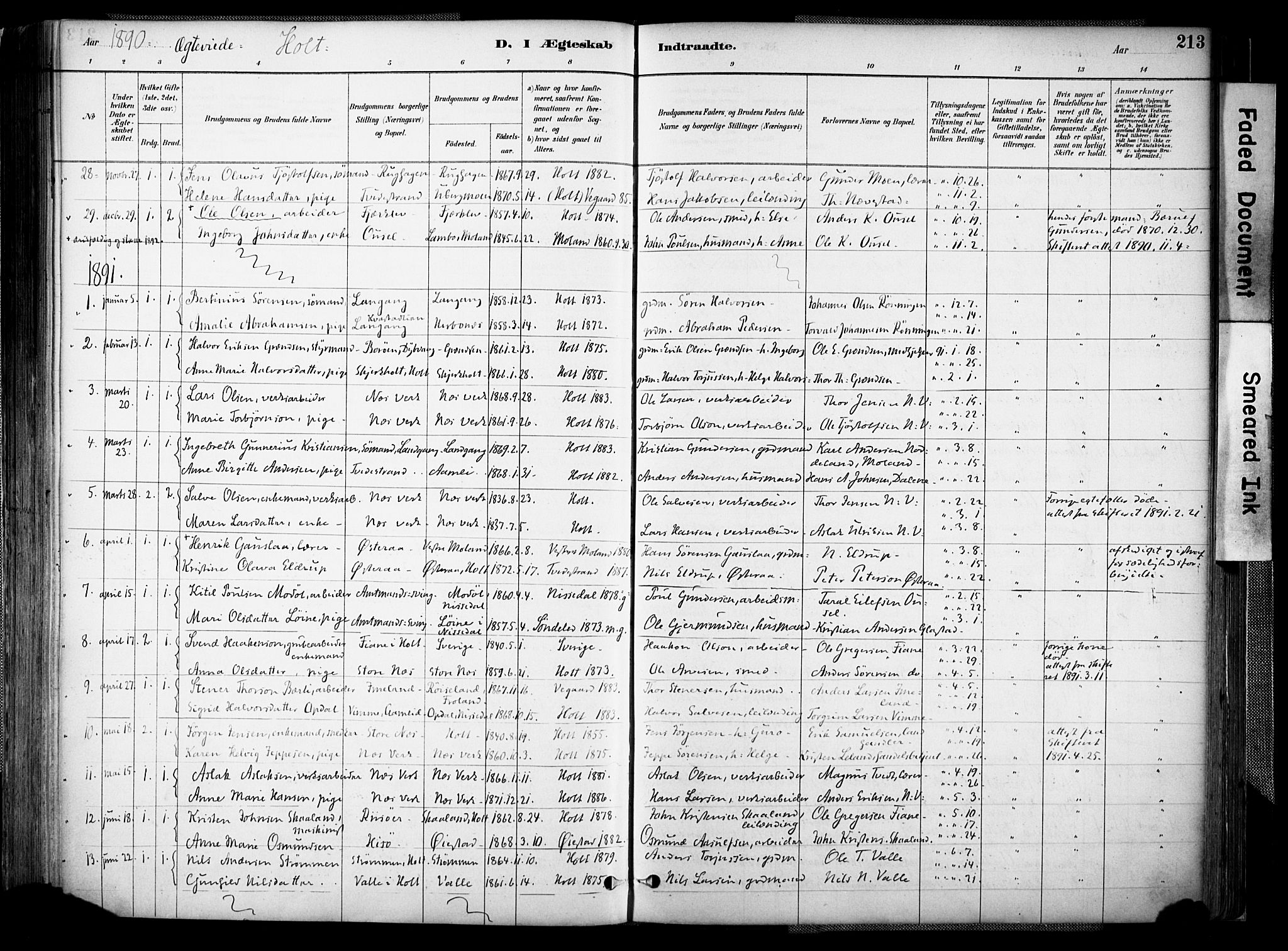 Holt sokneprestkontor, SAK/1111-0021/F/Fa/L0012: Parish register (official) no. A 12, 1885-1907, p. 213