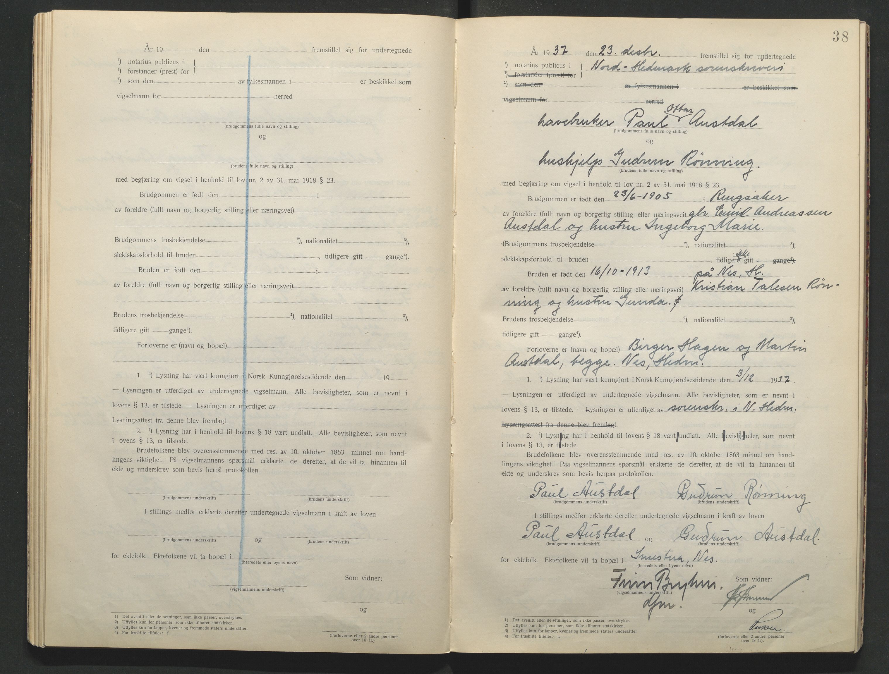 Nord-Hedmark sorenskriveri, AV/SAH-TING-012/L/Lc/L0001/0001: Vigselsprotokoller / Vigselsprotokoll, 1920-1942, p. 38