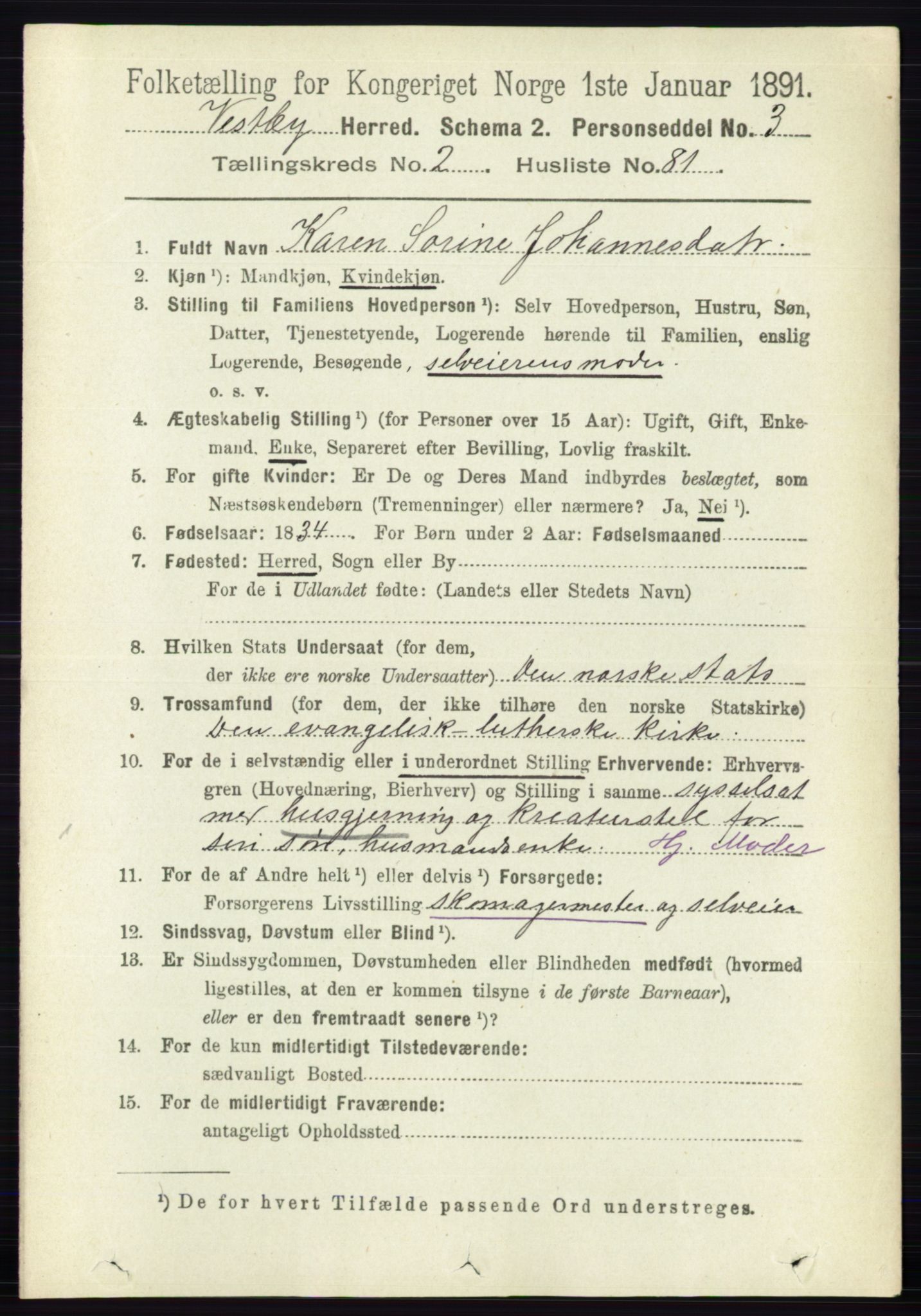 RA, 1891 census for 0211 Vestby, 1891, p. 947