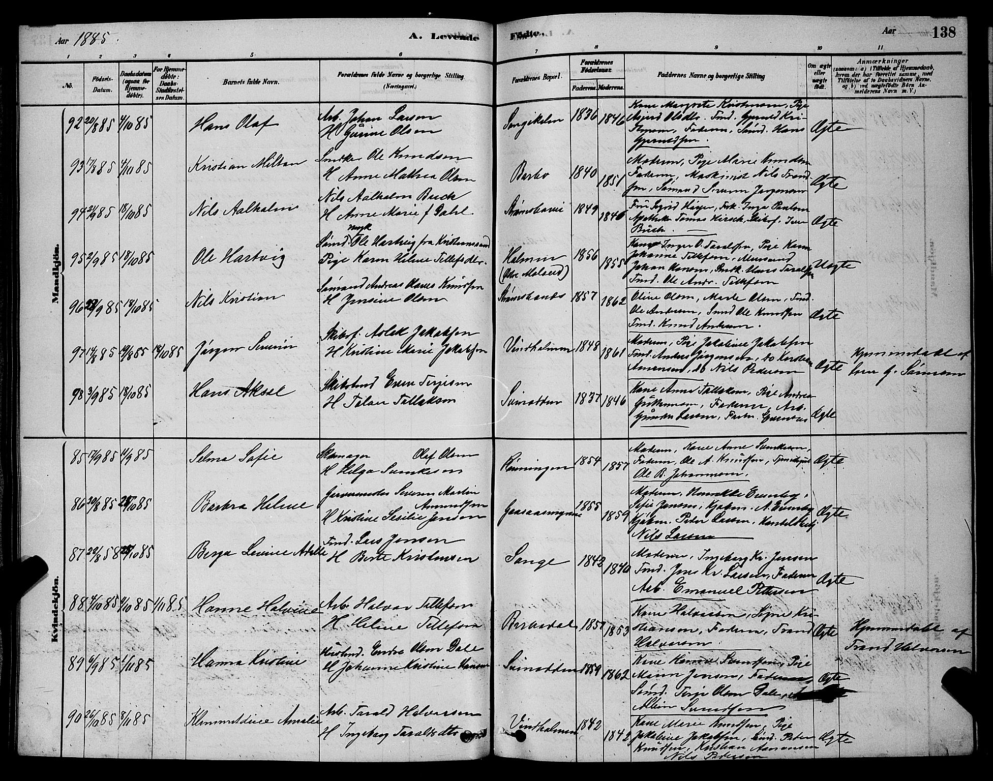 Barbu sokneprestkontor, AV/SAK-1111-0003/F/Fb/L0001: Parish register (copy) no. B 1, 1878-1890, p. 138