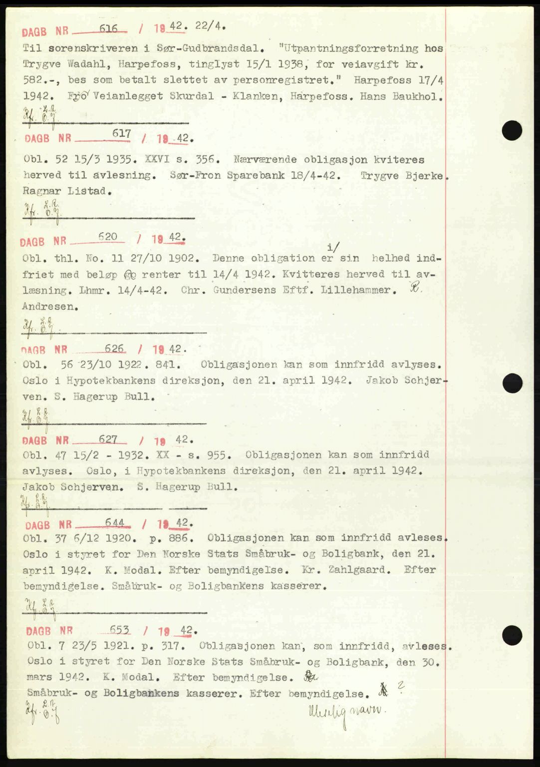 Sør-Gudbrandsdal tingrett, SAH/TING-004/H/Hb/Hbf/L0002: Mortgage book no. C1, 1938-1951, Diary no: : 616/1942