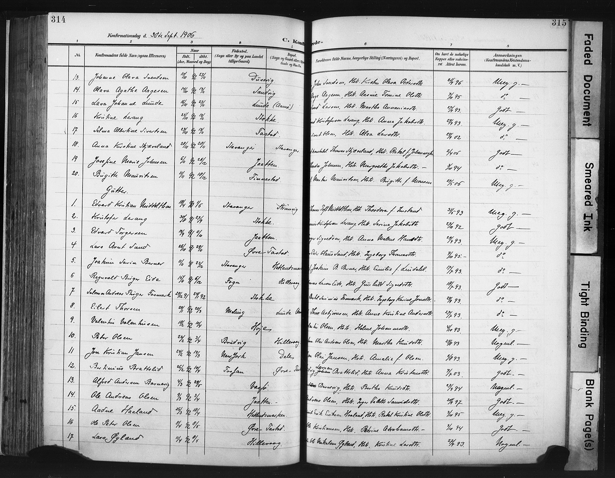 Hetland sokneprestkontor, SAST/A-101826/30/30BA/L0013: Parish register (official) no. A 13, 1904-1918, p. 314-315