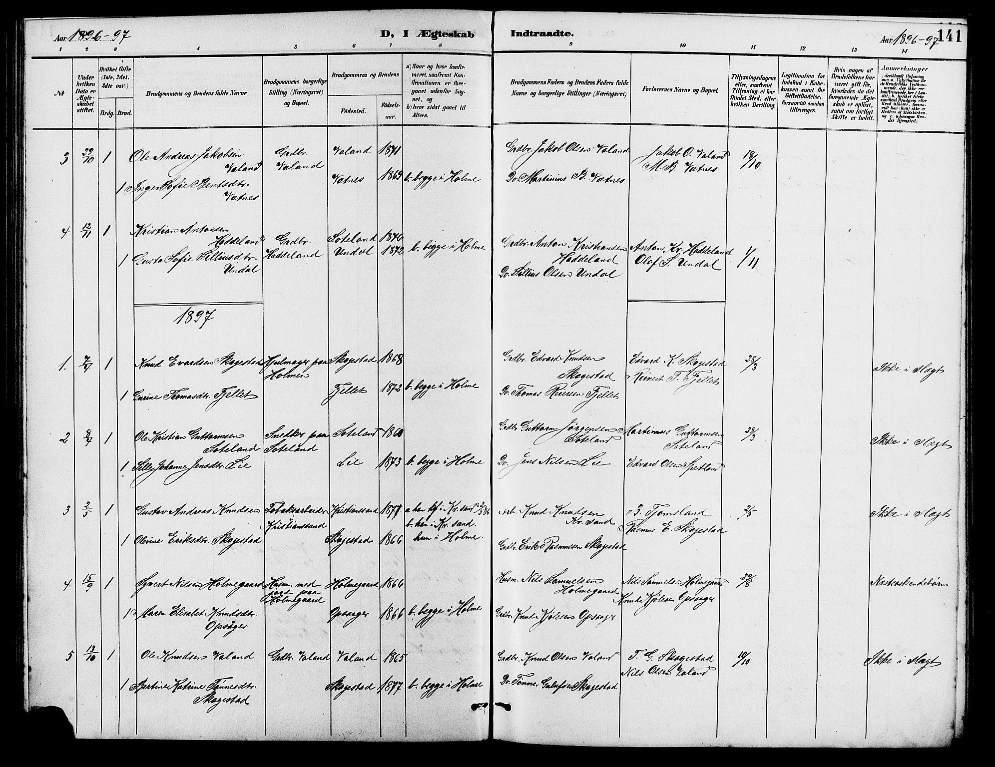 Holum sokneprestkontor, SAK/1111-0022/F/Fb/Fba/L0005: Parish register (copy) no. B 5, 1891-1909, p. 141