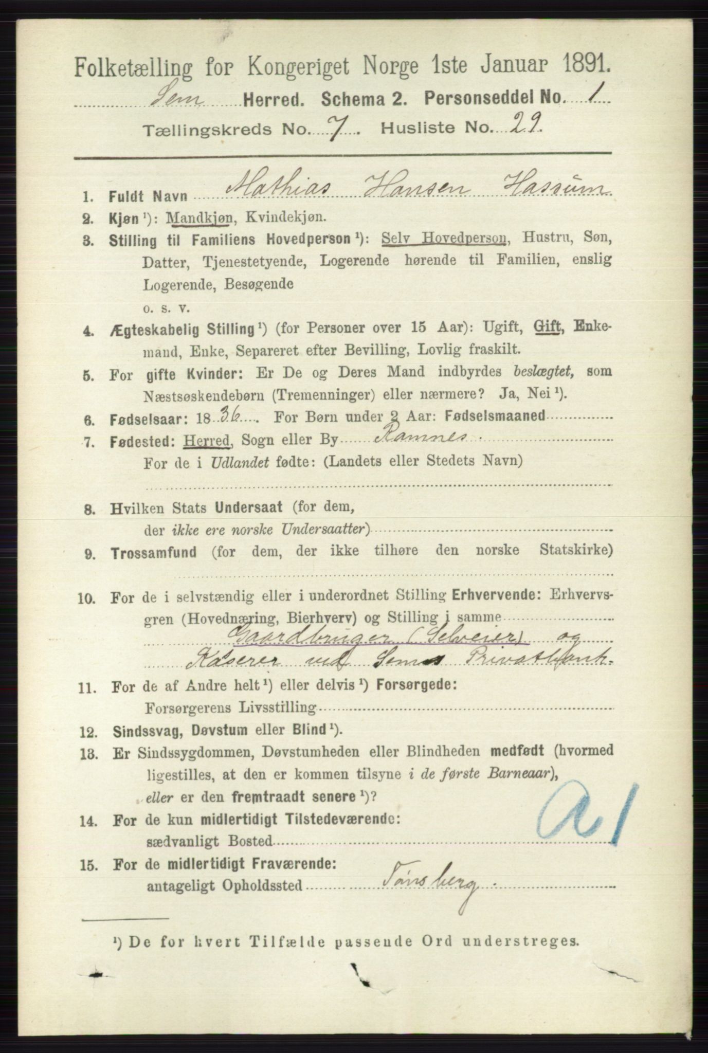 RA, 1891 census for 0721 Sem, 1891, p. 3406