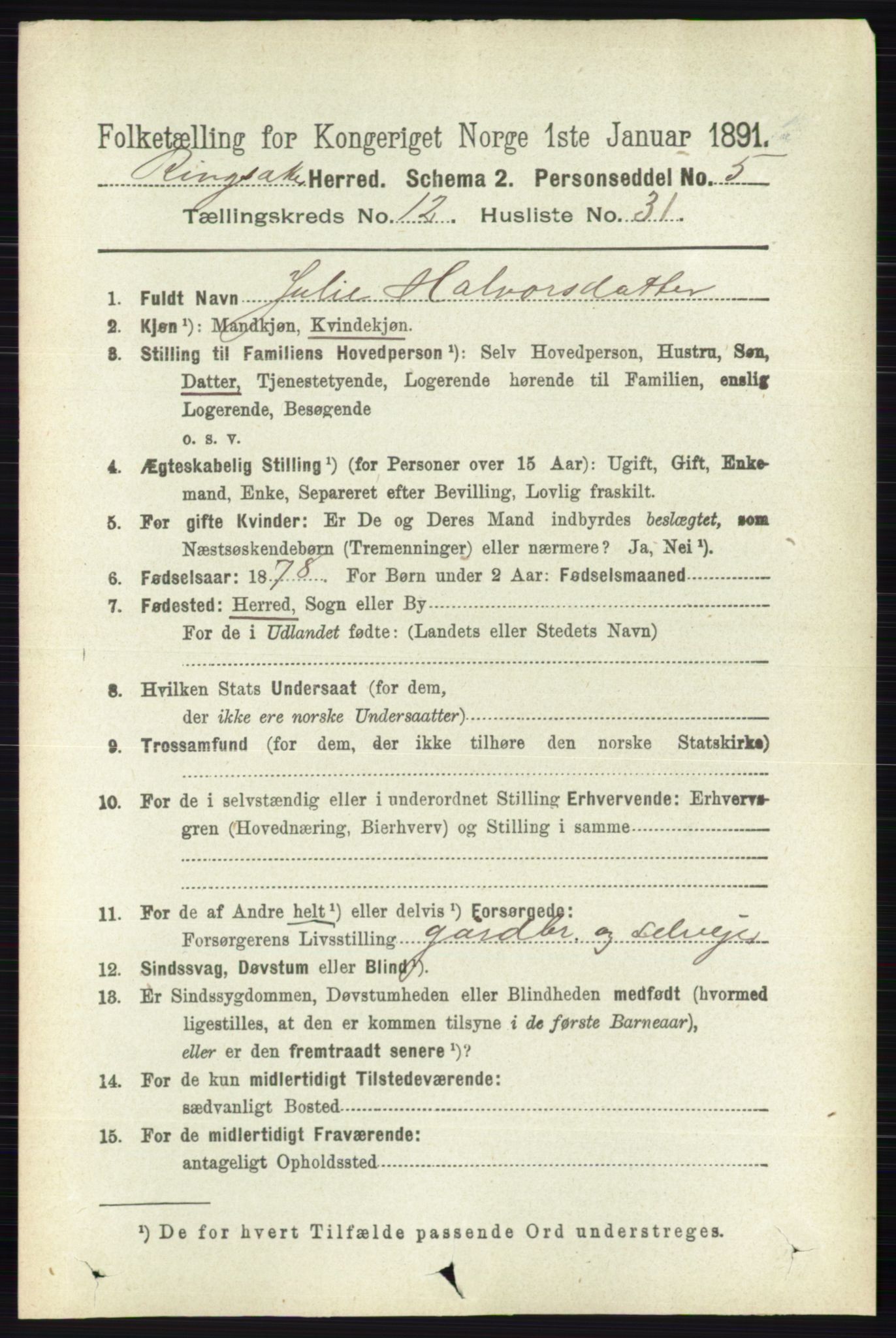 RA, 1891 census for 0412 Ringsaker, 1891, p. 6921
