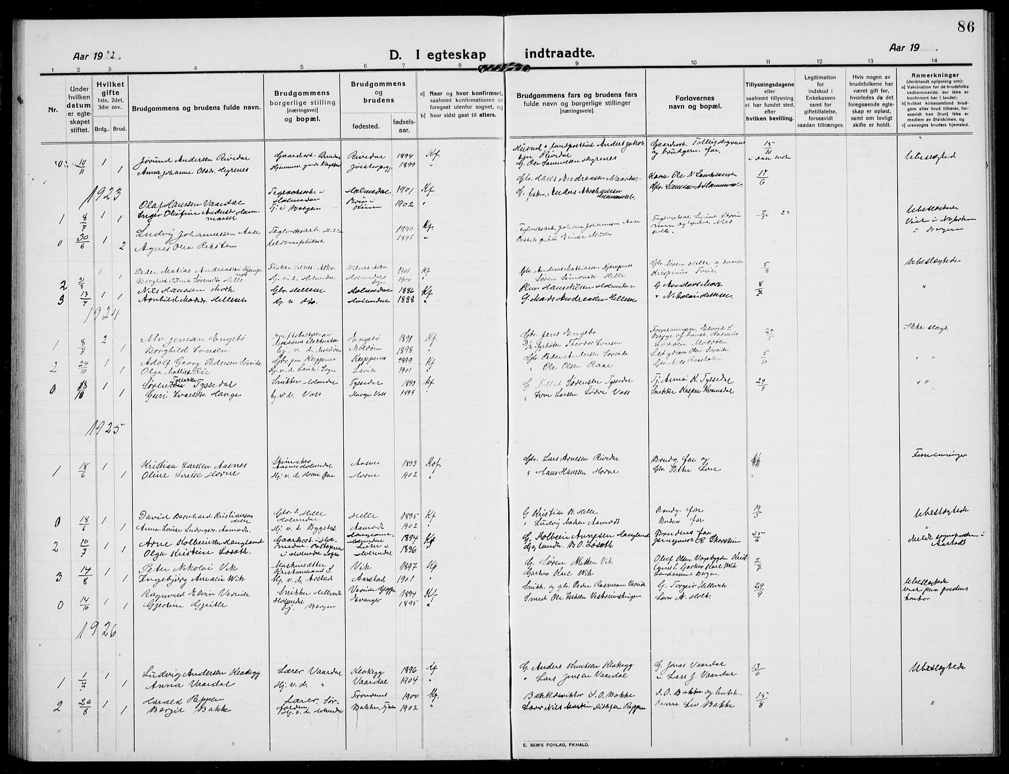 Fjaler sokneprestembete, AV/SAB-A-79801/H/Hab/Habb/L0003: Parish register (copy) no. B 3, 1913-1940, p. 86