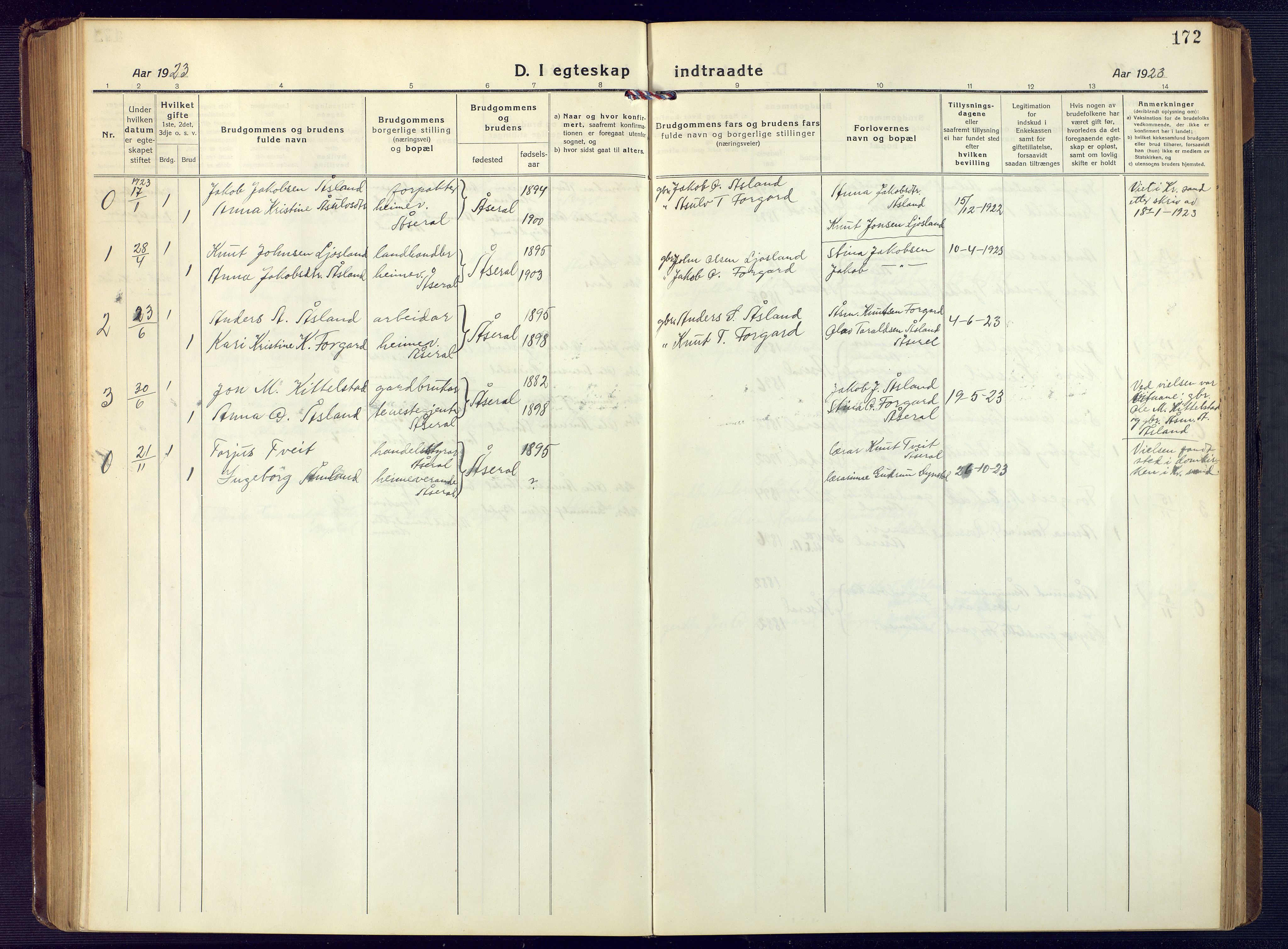 Åseral sokneprestkontor, AV/SAK-1111-0051/F/Fb/L0004: Parish register (copy) no. B 4, 1920-1946, p. 172