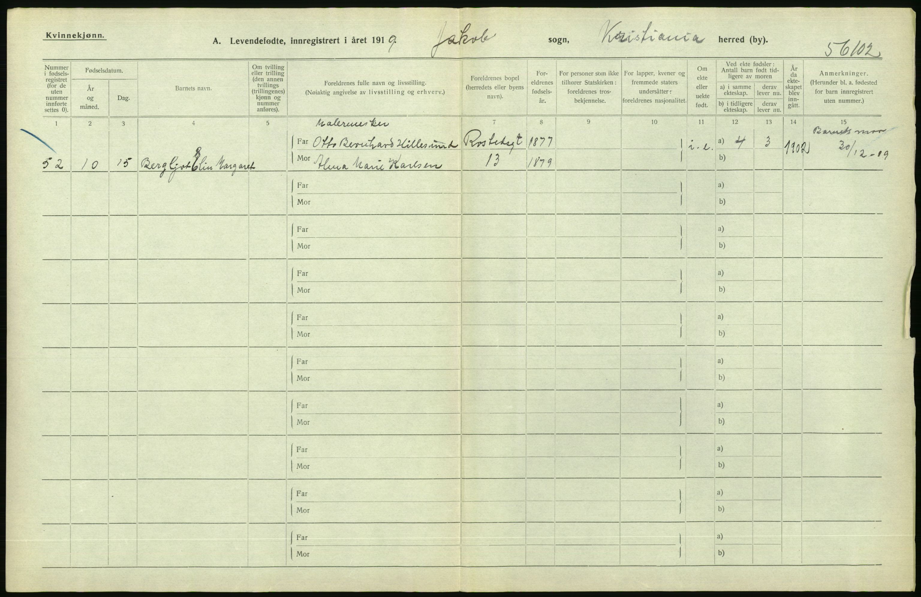 Statistisk sentralbyrå, Sosiodemografiske emner, Befolkning, AV/RA-S-2228/D/Df/Dfb/Dfbi/L0008: Kristiania: Levendefødte menn og kvinner., 1919