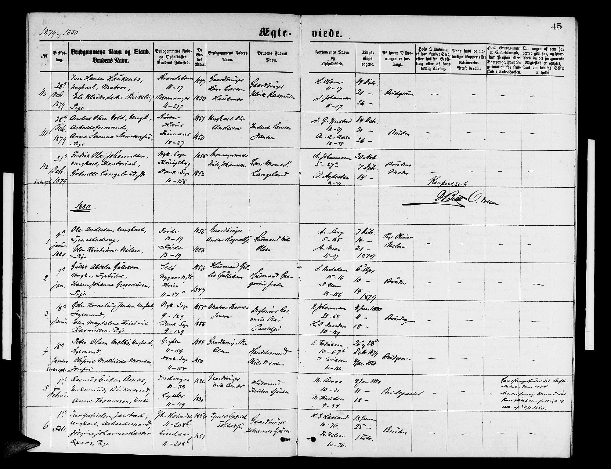Domkirken sokneprestembete, SAB/A-74801/H/Hab/L0031: Parish register (copy) no. D 3, 1877-1880, p. 45