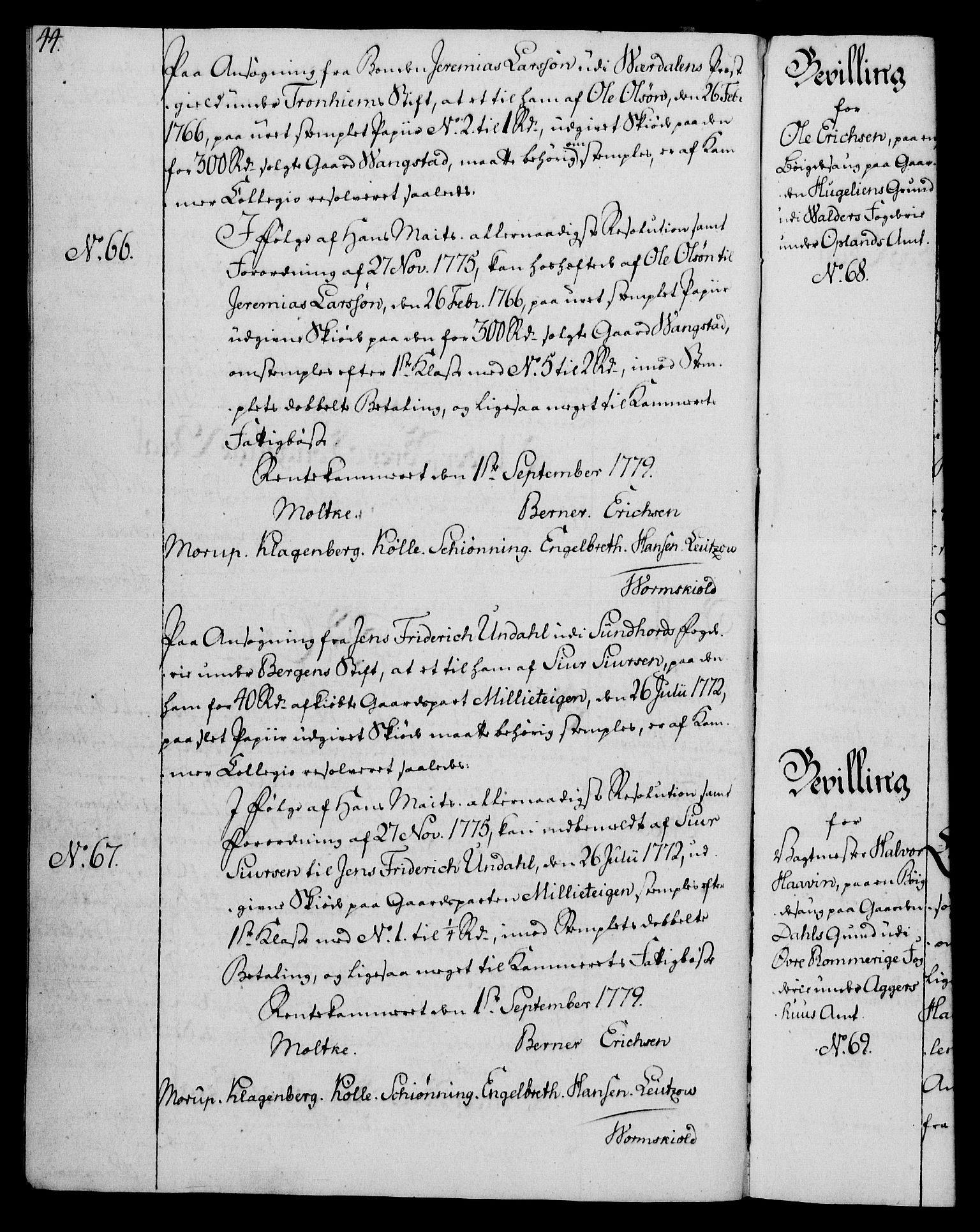 Rentekammeret, Kammerkanselliet, AV/RA-EA-3111/G/Gg/Gga/L0011: Norsk ekspedisjonsprotokoll med register (merket RK 53.11), 1779-1781, p. 44