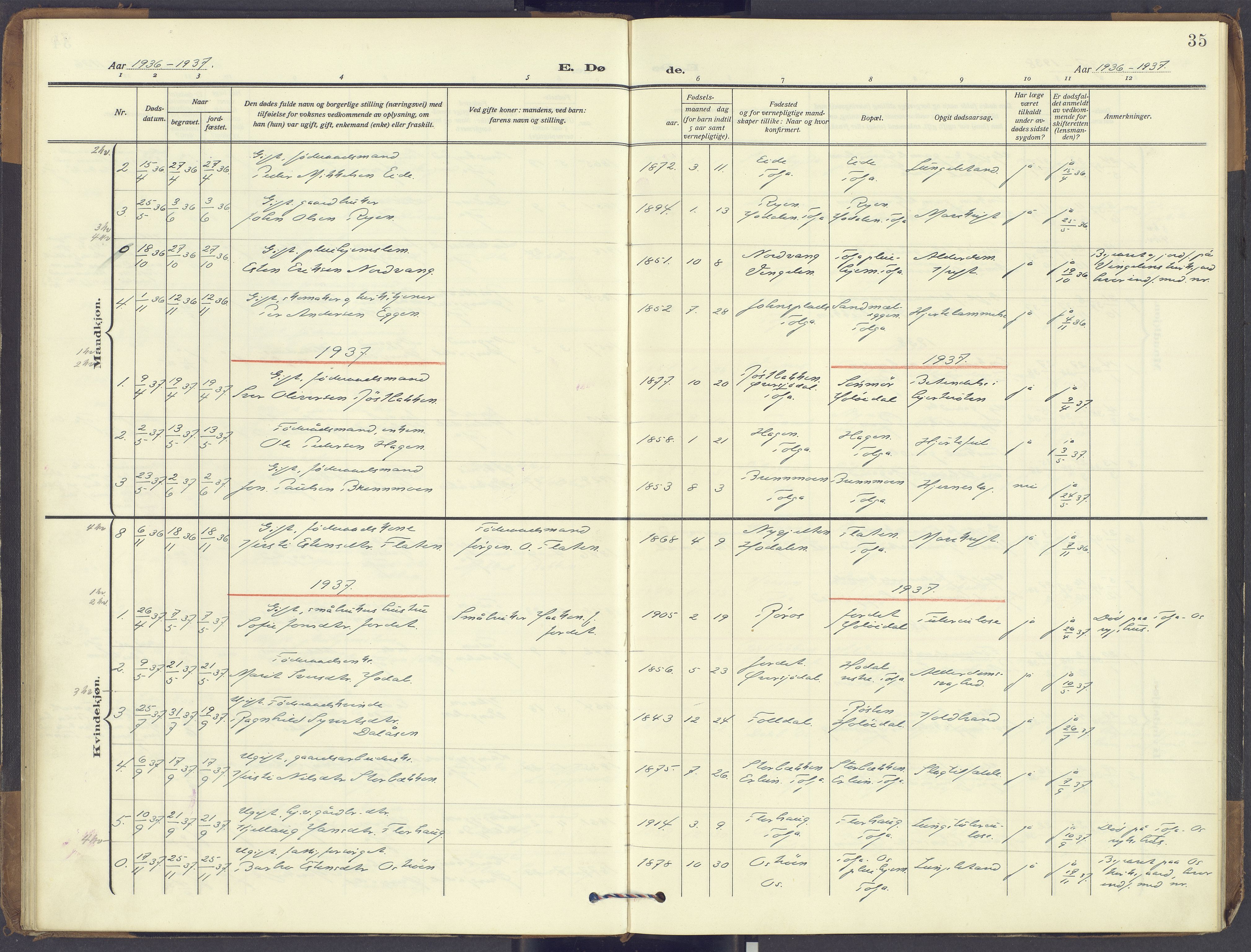 Tolga prestekontor, SAH/PREST-062/K/L0018: Parish register (official) no. 18, 1911-1989, p. 35