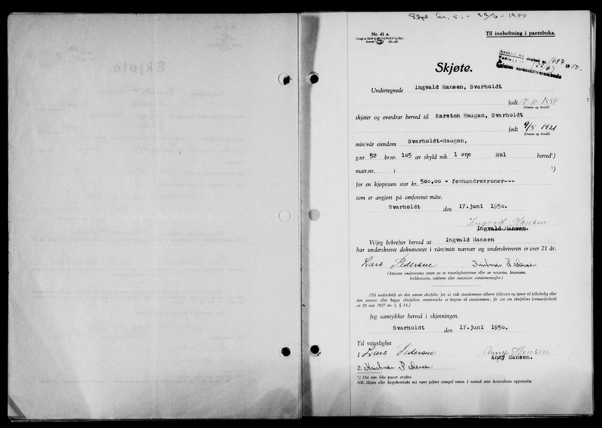 Lofoten sorenskriveri, SAT/A-0017/1/2/2C/L0023a: Mortgage book no. 23a, 1950-1950, Diary no: : 1687/1950