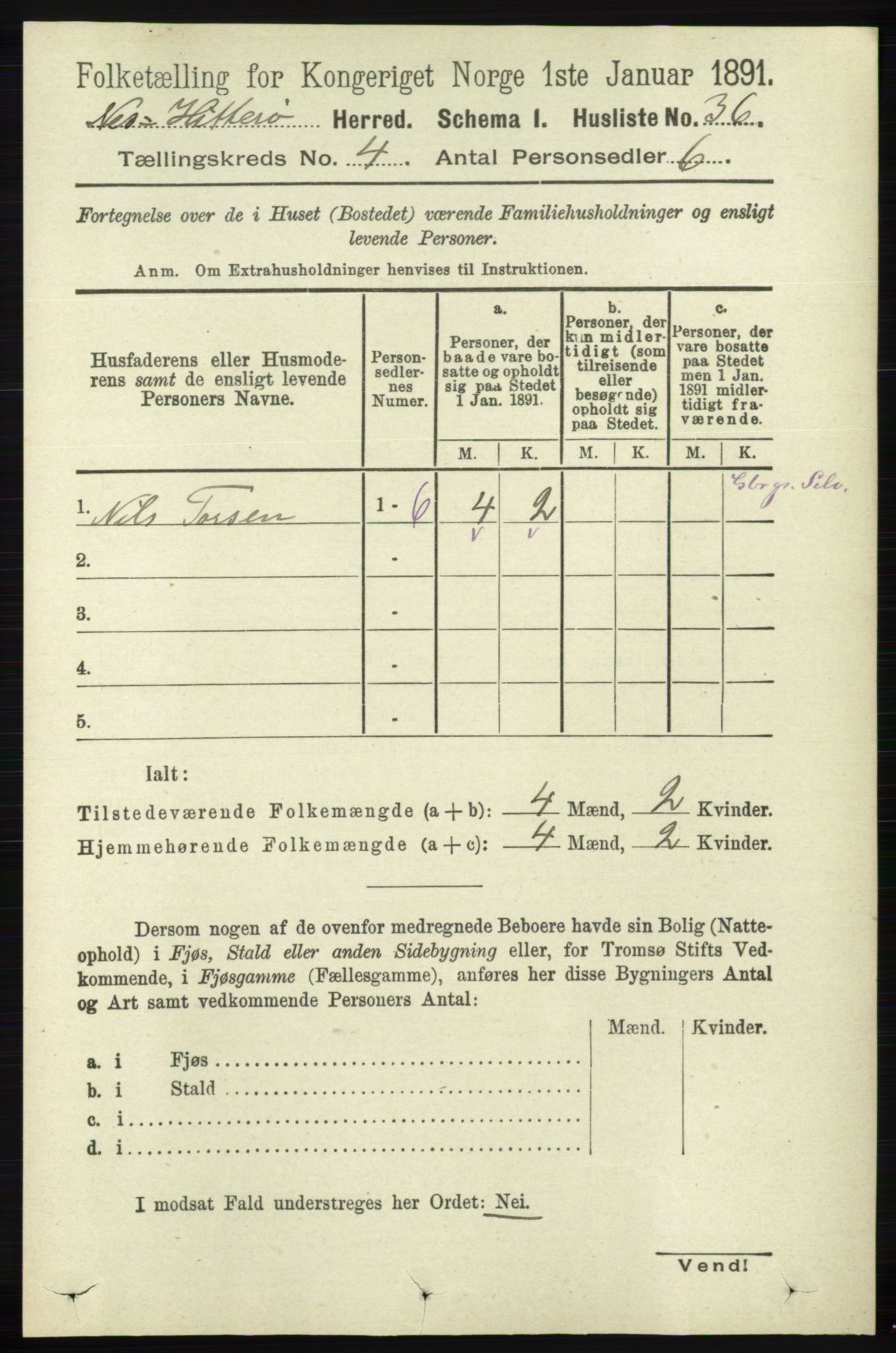 RA, 1891 census for 1043 Hidra og Nes, 1891, p. 1405