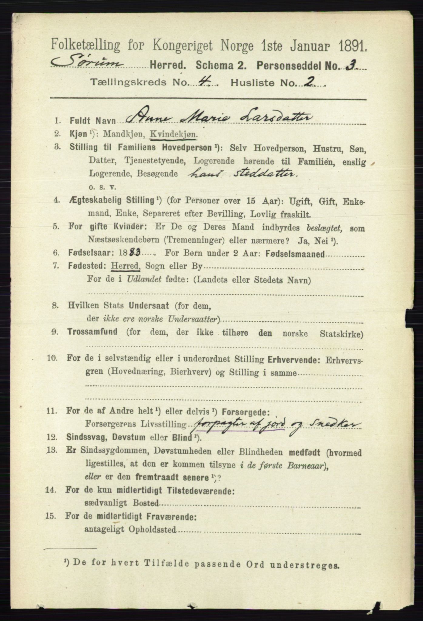 RA, 1891 census for 0226 Sørum, 1891, p. 1890
