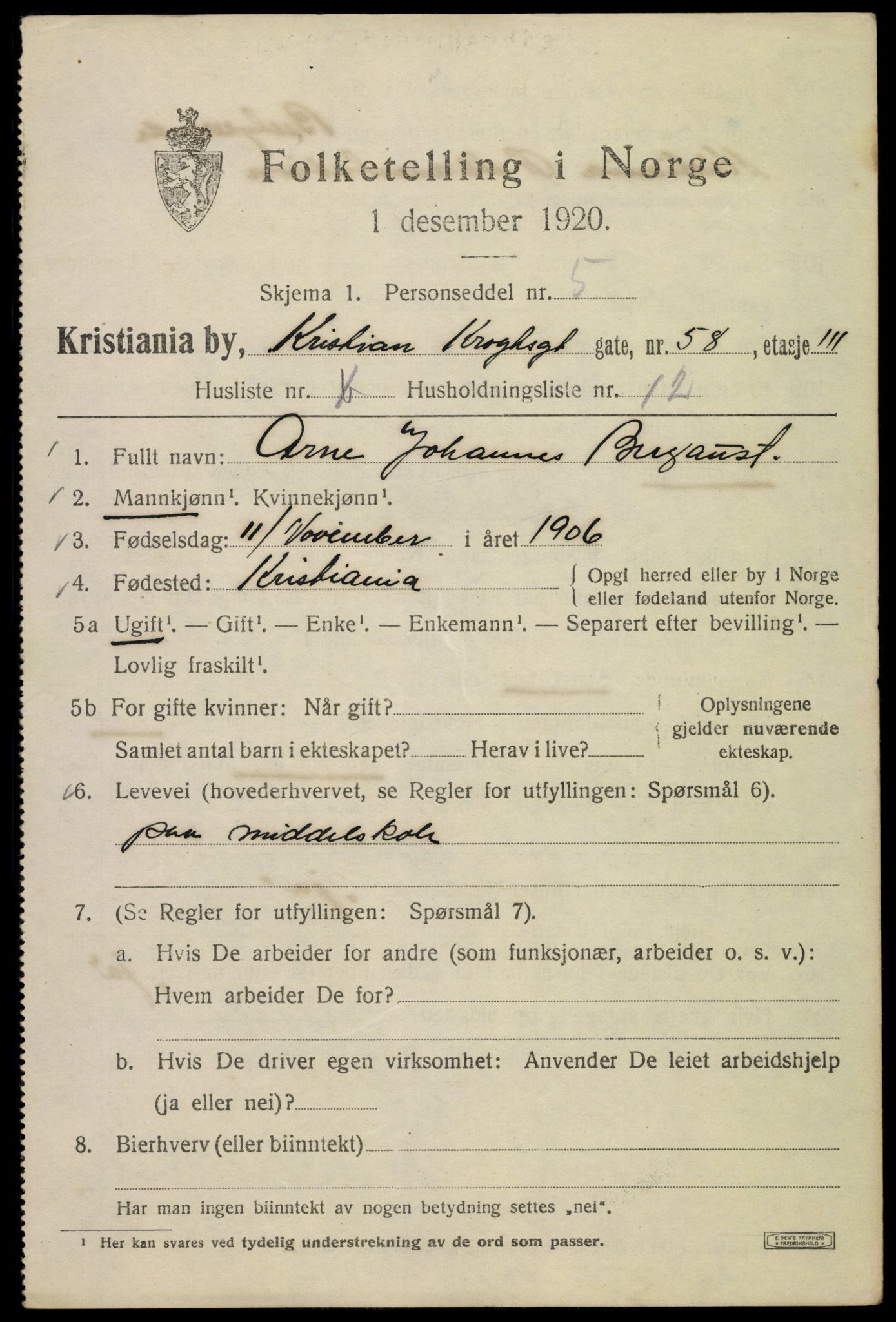 SAO, 1920 census for Kristiania, 1920, p. 185215