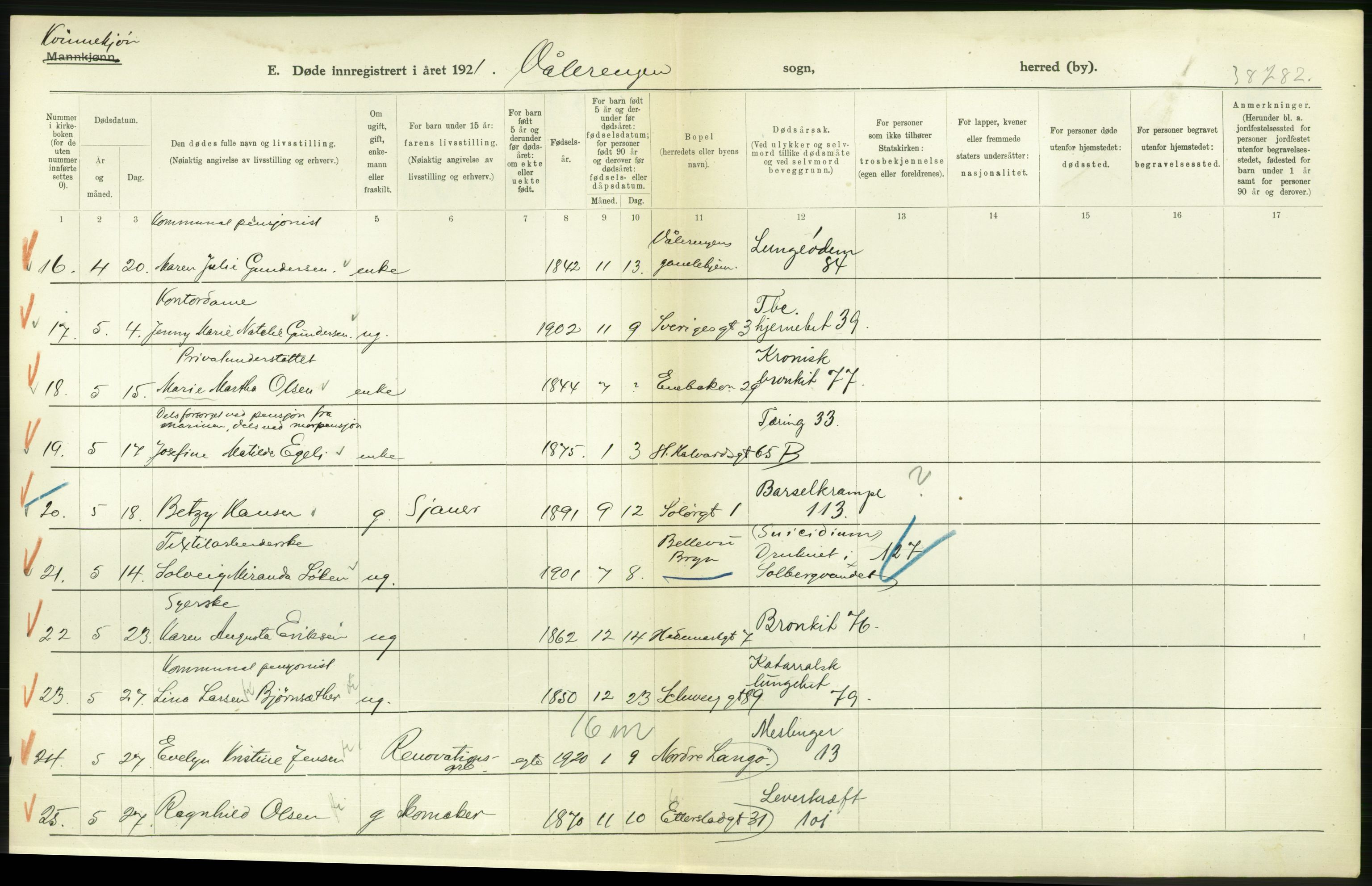 Statistisk sentralbyrå, Sosiodemografiske emner, Befolkning, RA/S-2228/D/Df/Dfc/Dfca/L0013: Kristiania: Døde, dødfødte, 1921, p. 288