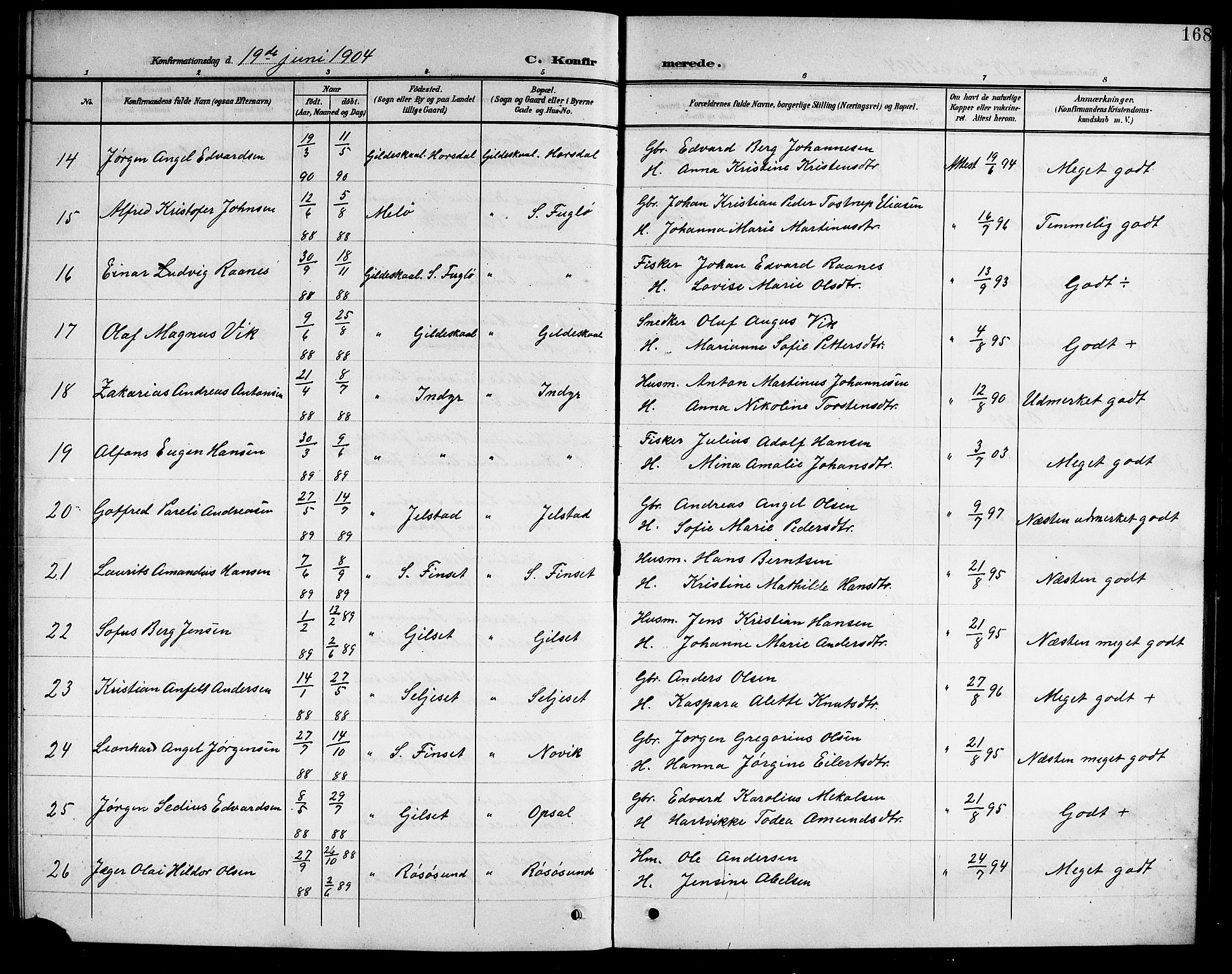 Ministerialprotokoller, klokkerbøker og fødselsregistre - Nordland, SAT/A-1459/805/L0109: Parish register (copy) no. 805C05, 1900-1911, p. 168