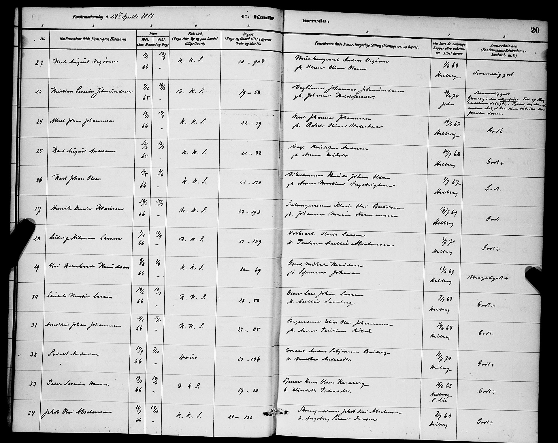 Korskirken sokneprestembete, AV/SAB-A-76101/H/Hab: Parish register (copy) no. C 3, 1880-1892, p. 20