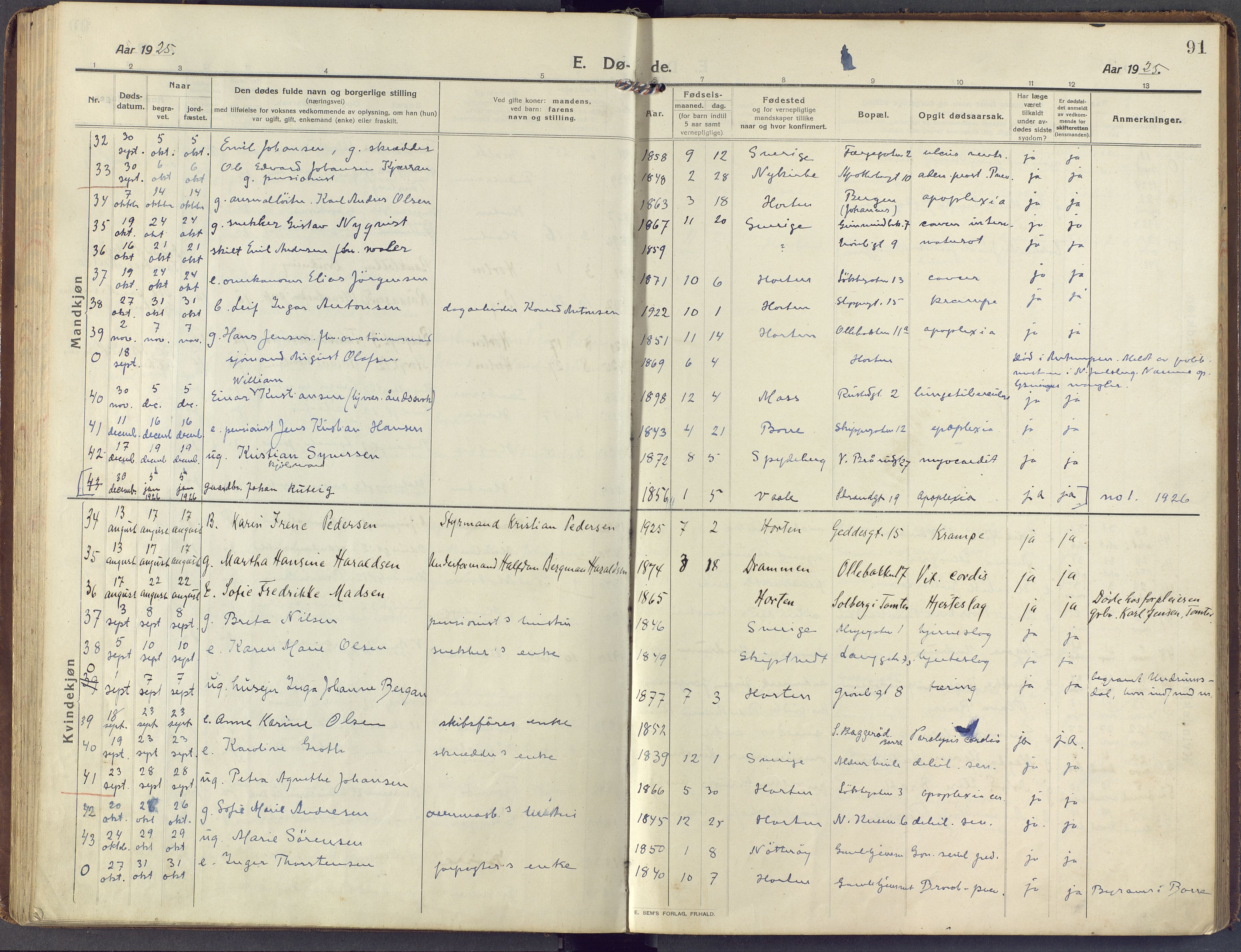 Horten kirkebøker, AV/SAKO-A-348/F/Fa/L0007: Parish register (official) no. 7, 1913-1926, p. 91