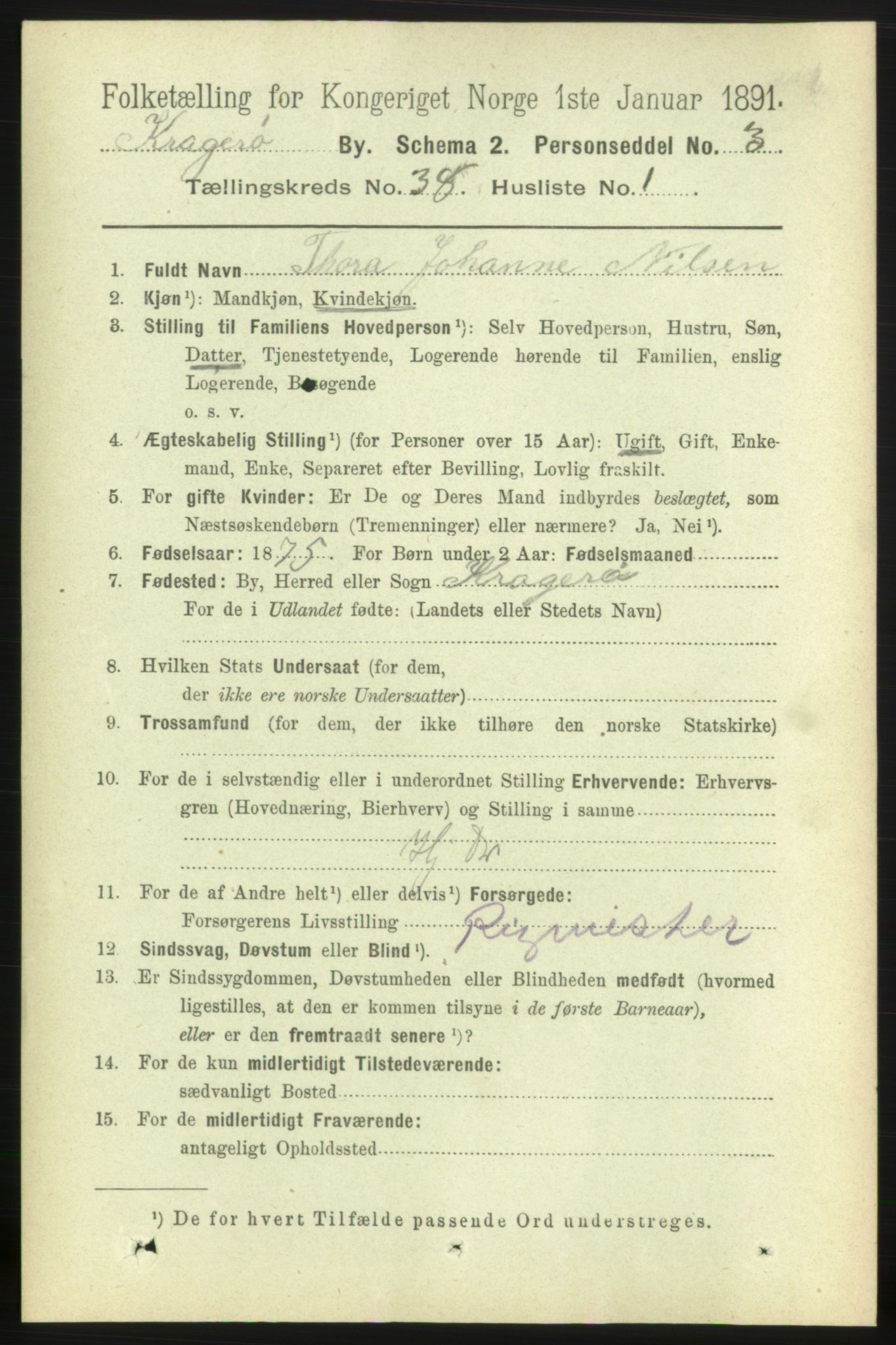 RA, 1891 census for 0801 Kragerø, 1891, p. 7126