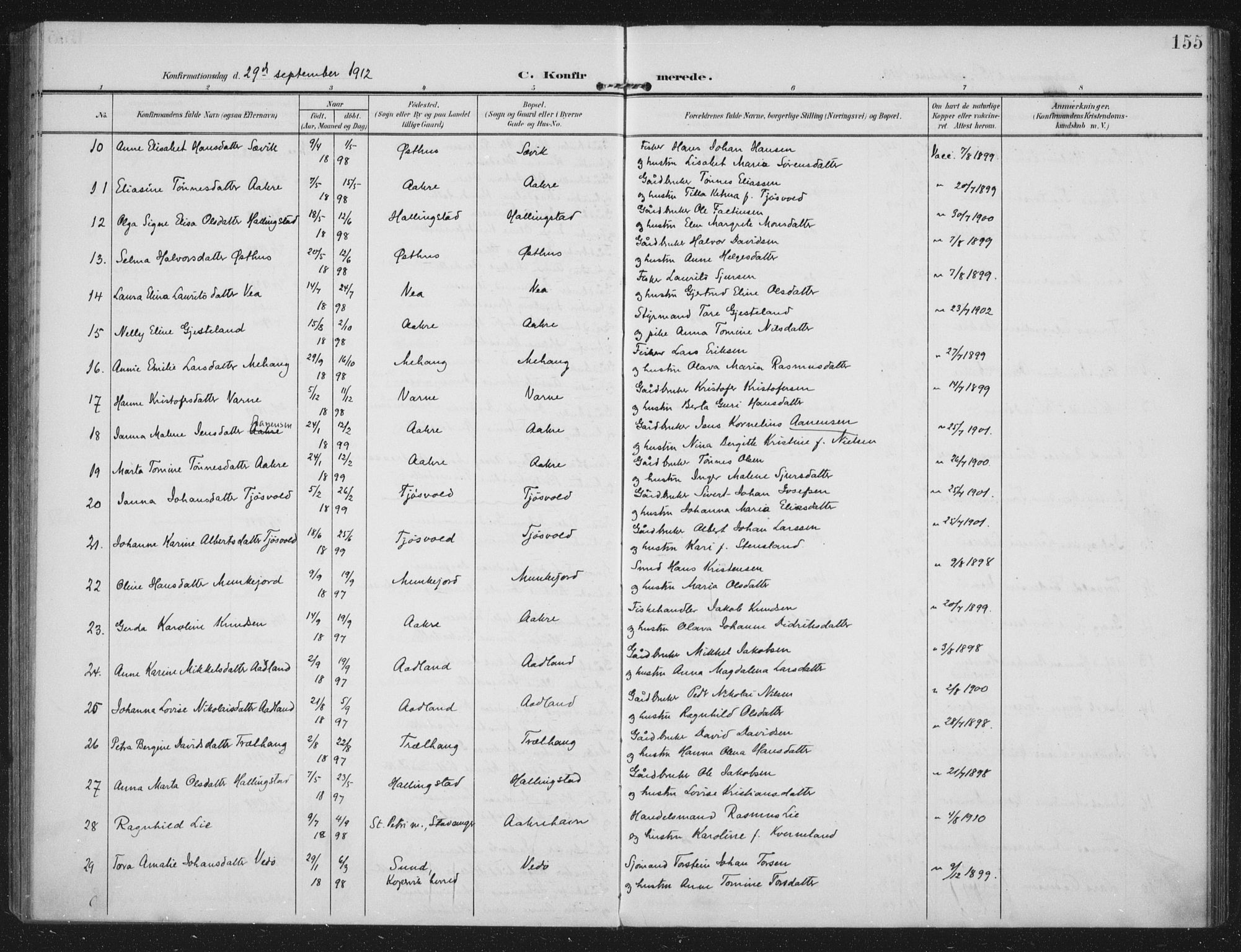 Kopervik sokneprestkontor, SAST/A-101850/H/Ha/Haa/L0005: Parish register (official) no. A 5, 1906-1924, p. 155