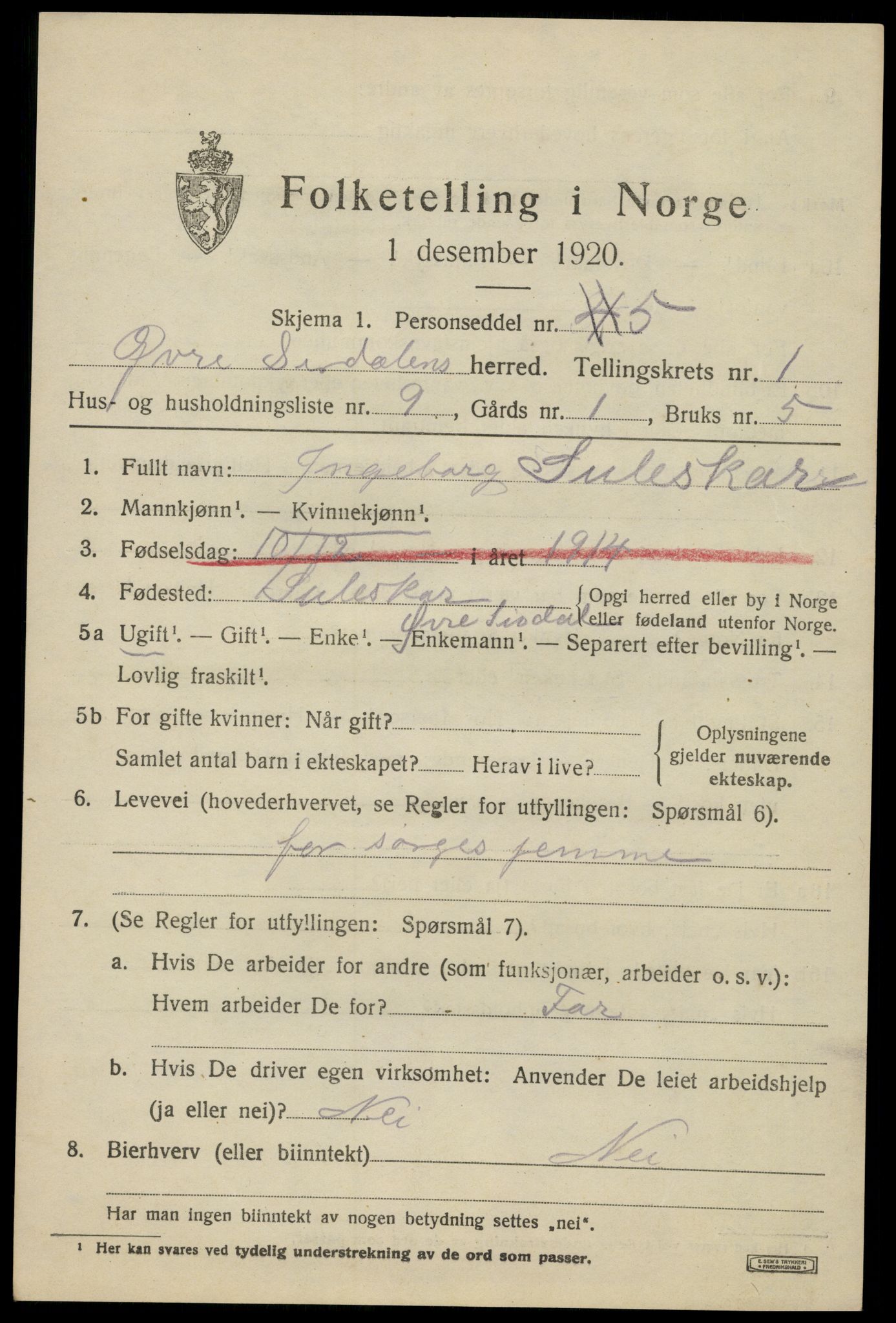 SAK, 1920 census for Øvre Sirdal, 1920, p. 419