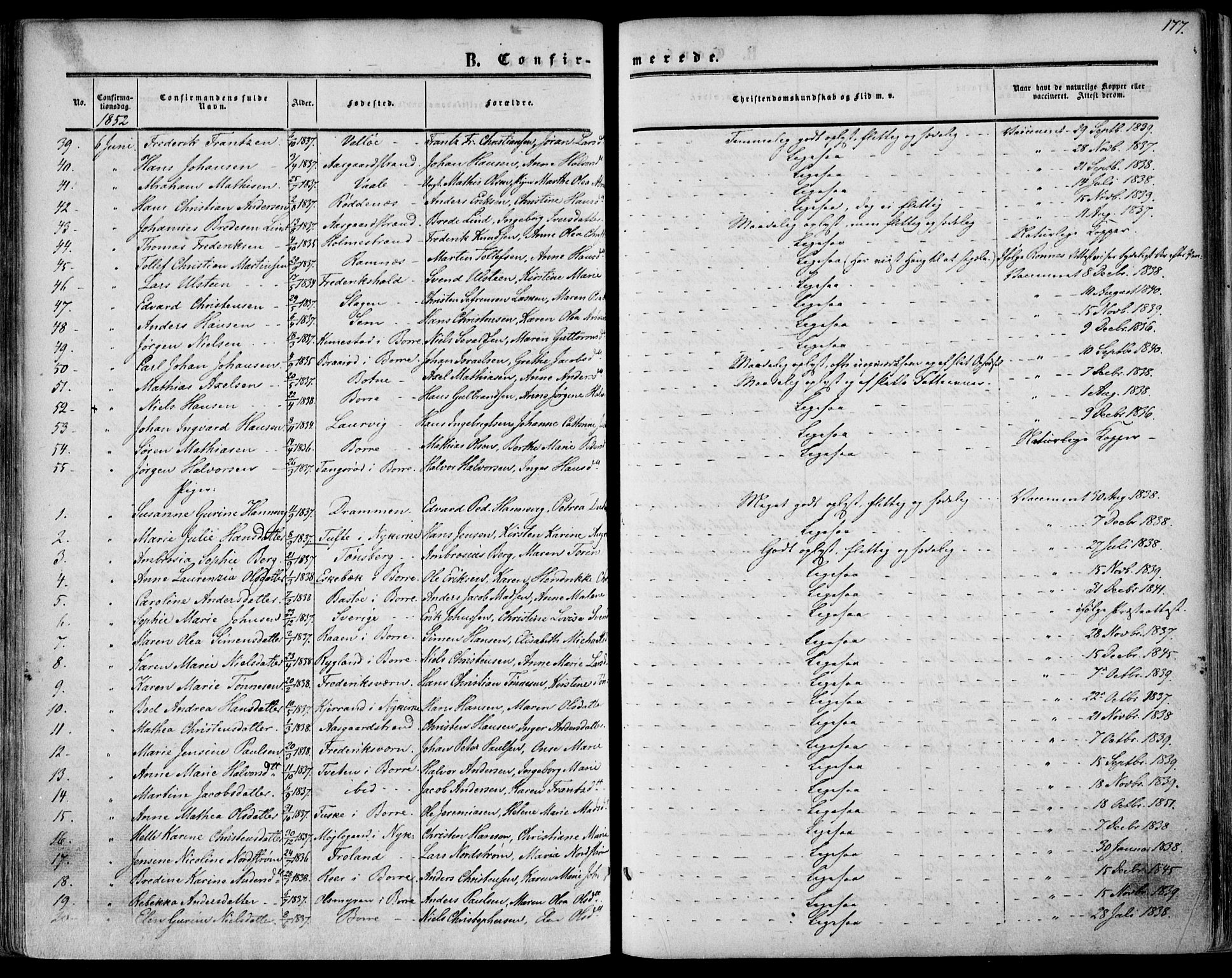 Borre kirkebøker, SAKO/A-338/F/Fa/L0006: Parish register (official) no. I 6, 1852-1862, p. 177