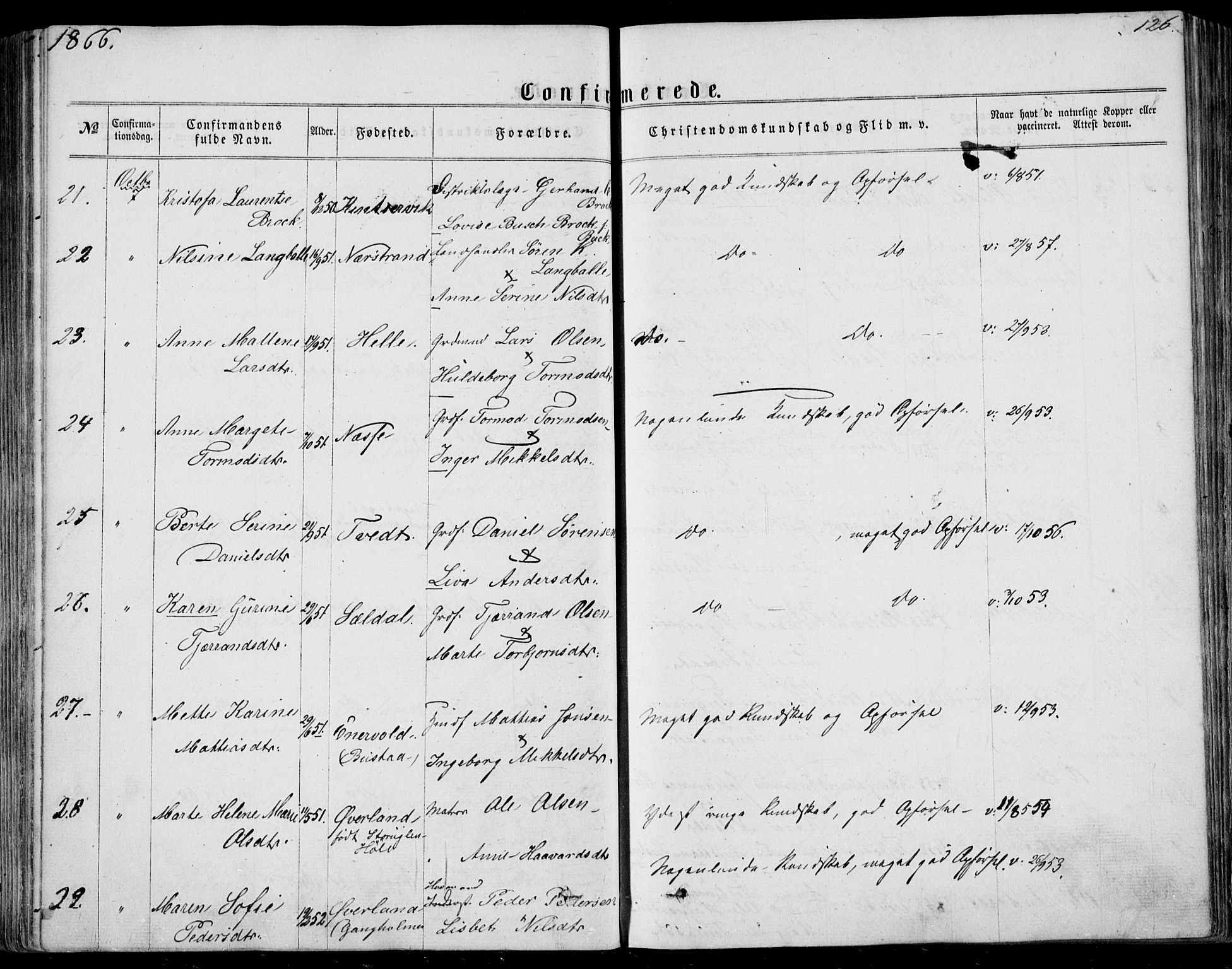 Nedstrand sokneprestkontor, AV/SAST-A-101841/01/IV: Parish register (official) no. A 9, 1861-1876, p. 126