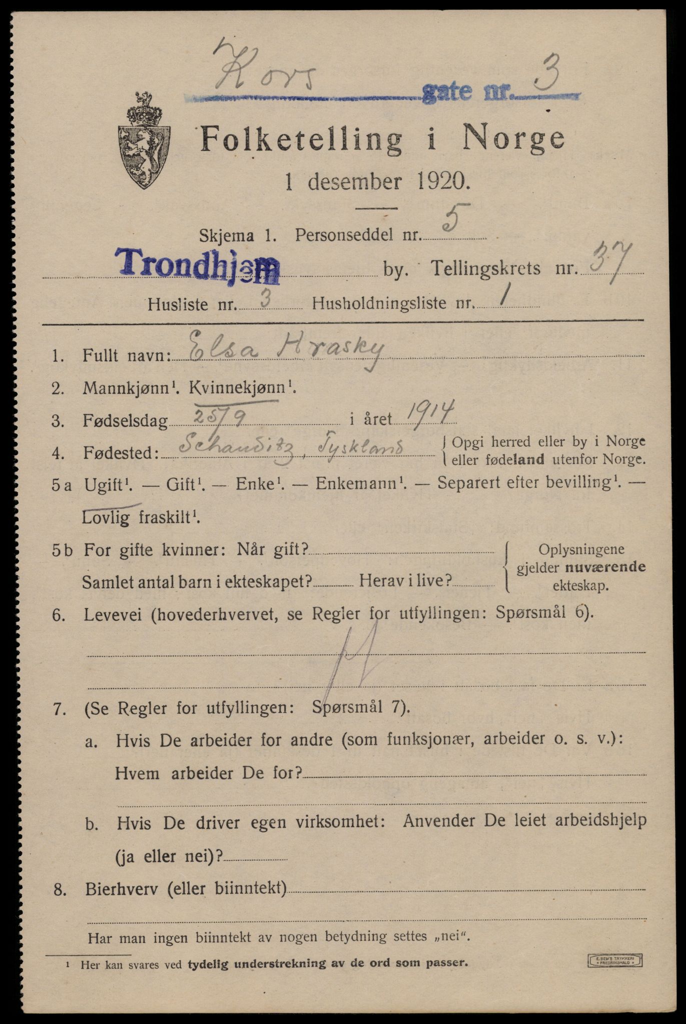 SAT, 1920 census for Trondheim, 1920, p. 84570