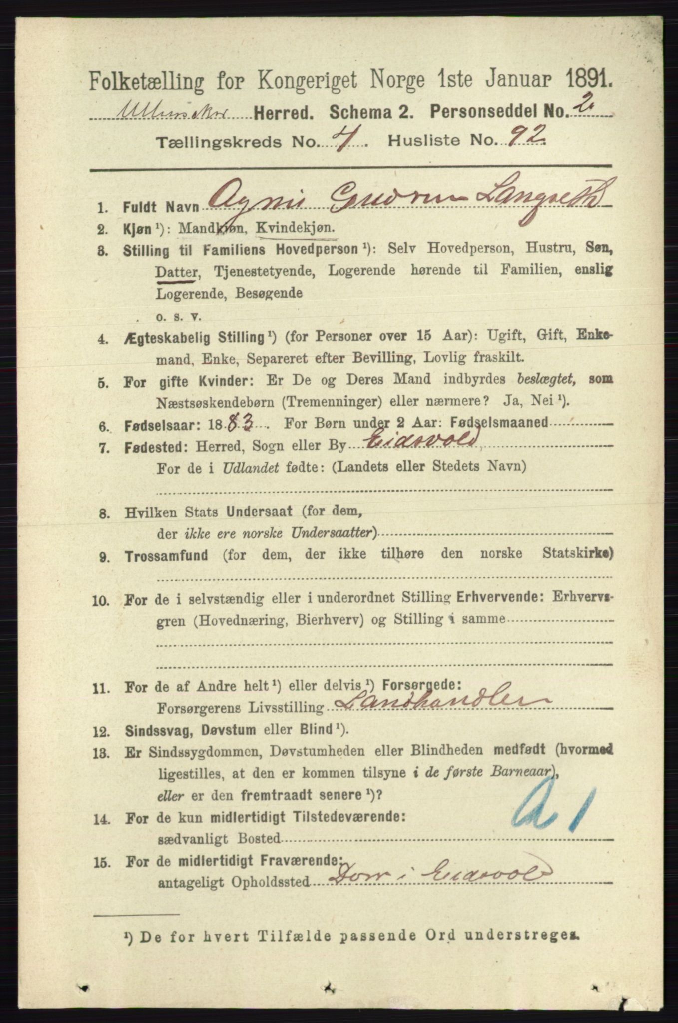 RA, 1891 census for 0235 Ullensaker, 1891, p. 2016