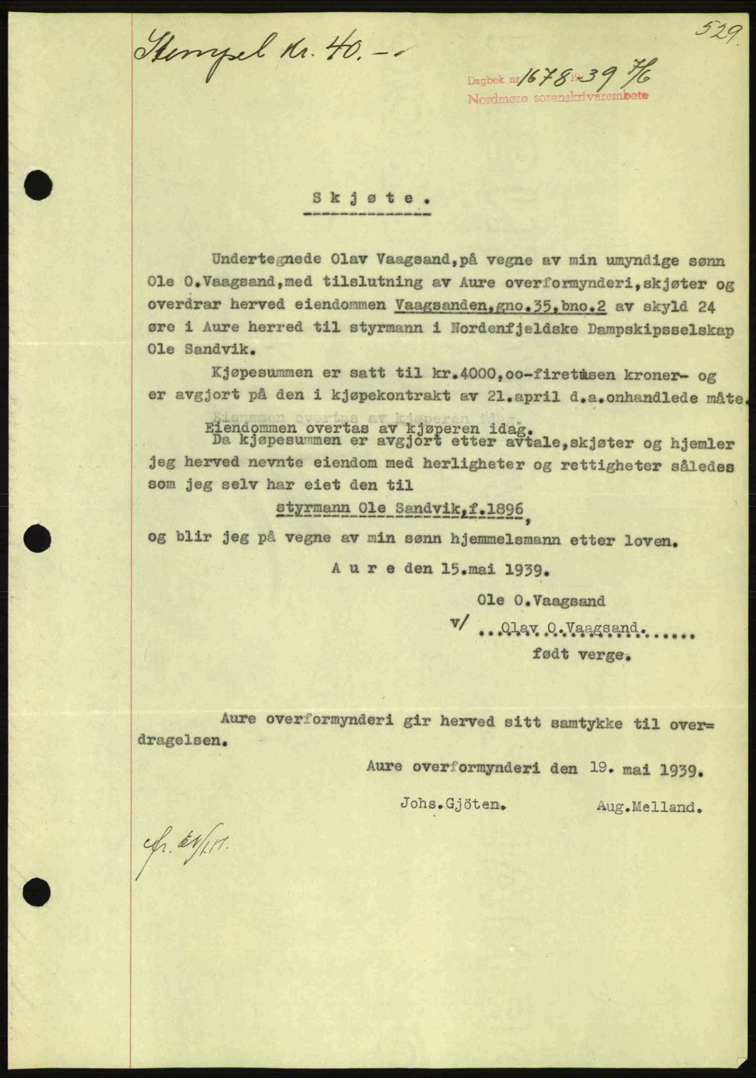 Nordmøre sorenskriveri, SAT/A-4132/1/2/2Ca: Mortgage book no. A86, 1939-1939, Diary no: : 1578/1939