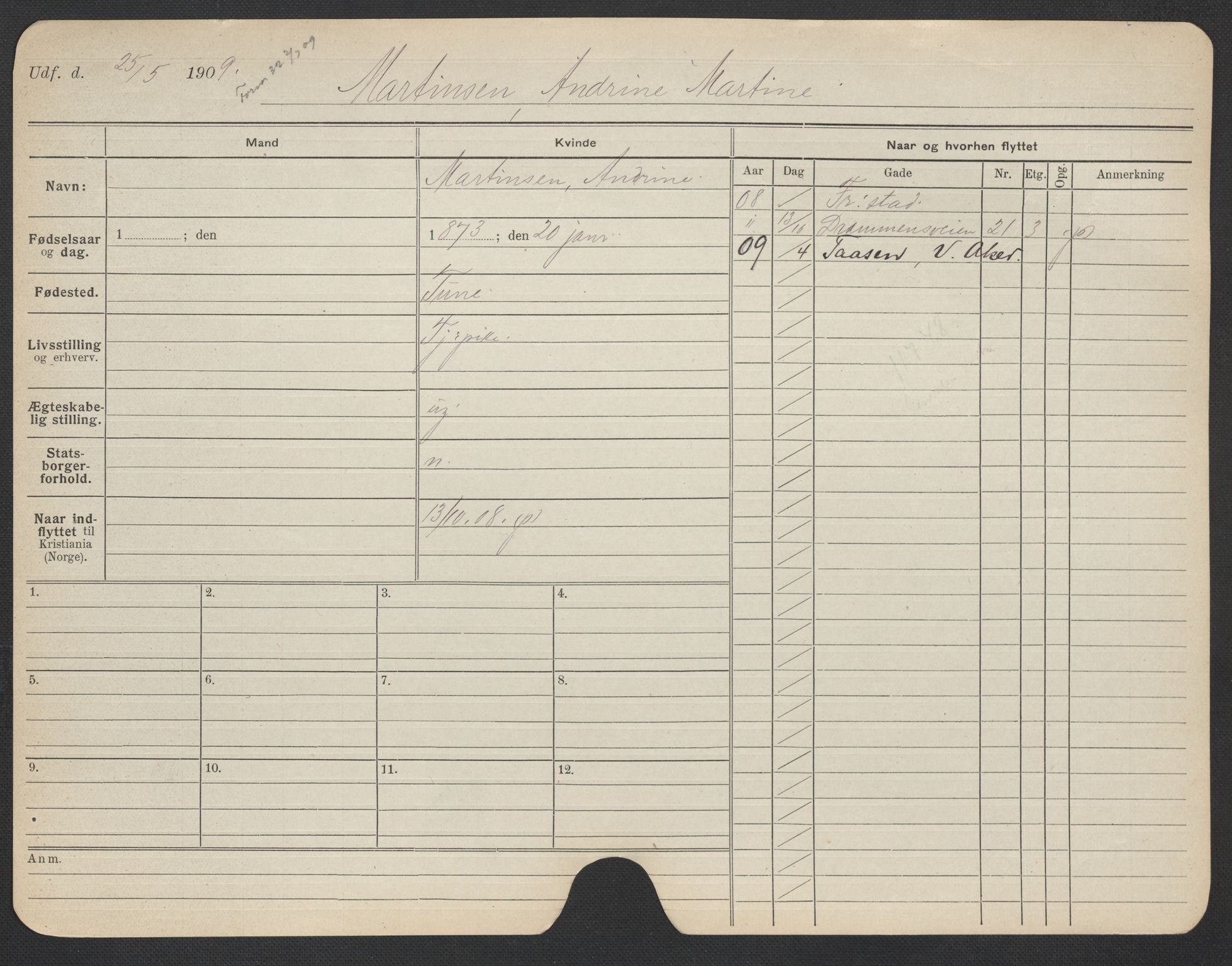 Oslo folkeregister, Registerkort, AV/SAO-A-11715/F/Fa/Fac/L0020: Kvinner, 1906-1914, p. 599a