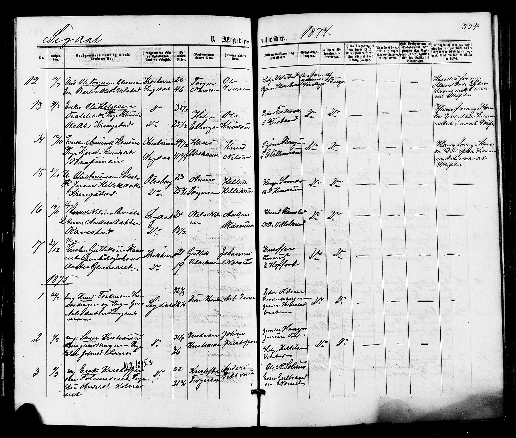 Sigdal kirkebøker, SAKO/A-245/F/Fa/L0010: Parish register (official) no. I 10 /1, 1872-1878, p. 334