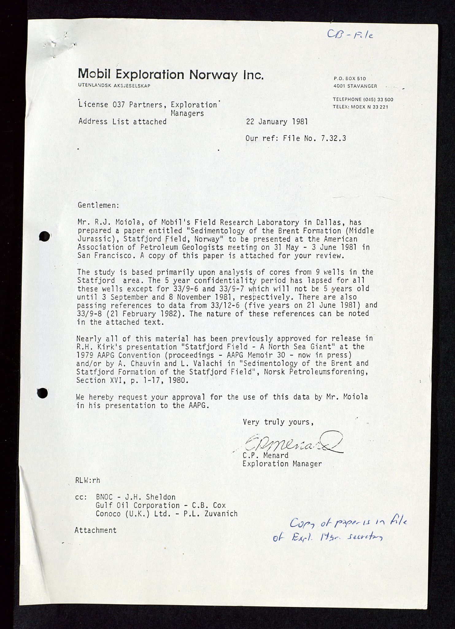 Pa 1578 - Mobil Exploration Norway Incorporated, AV/SAST-A-102024/4/D/Da/L0115: S.E. Smith - Sak og korrespondanse, 1974-1981, p. 109