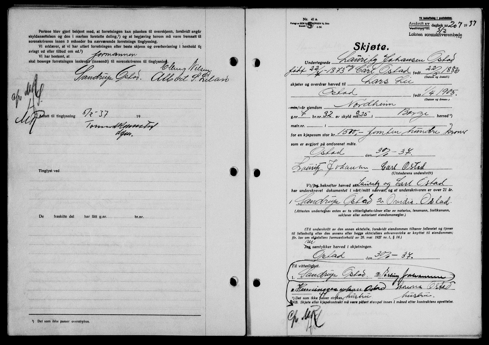 Lofoten sorenskriveri, SAT/A-0017/1/2/2C/L0001a: Mortgage book no. 1a, 1936-1937, Diary no: : 207/1937