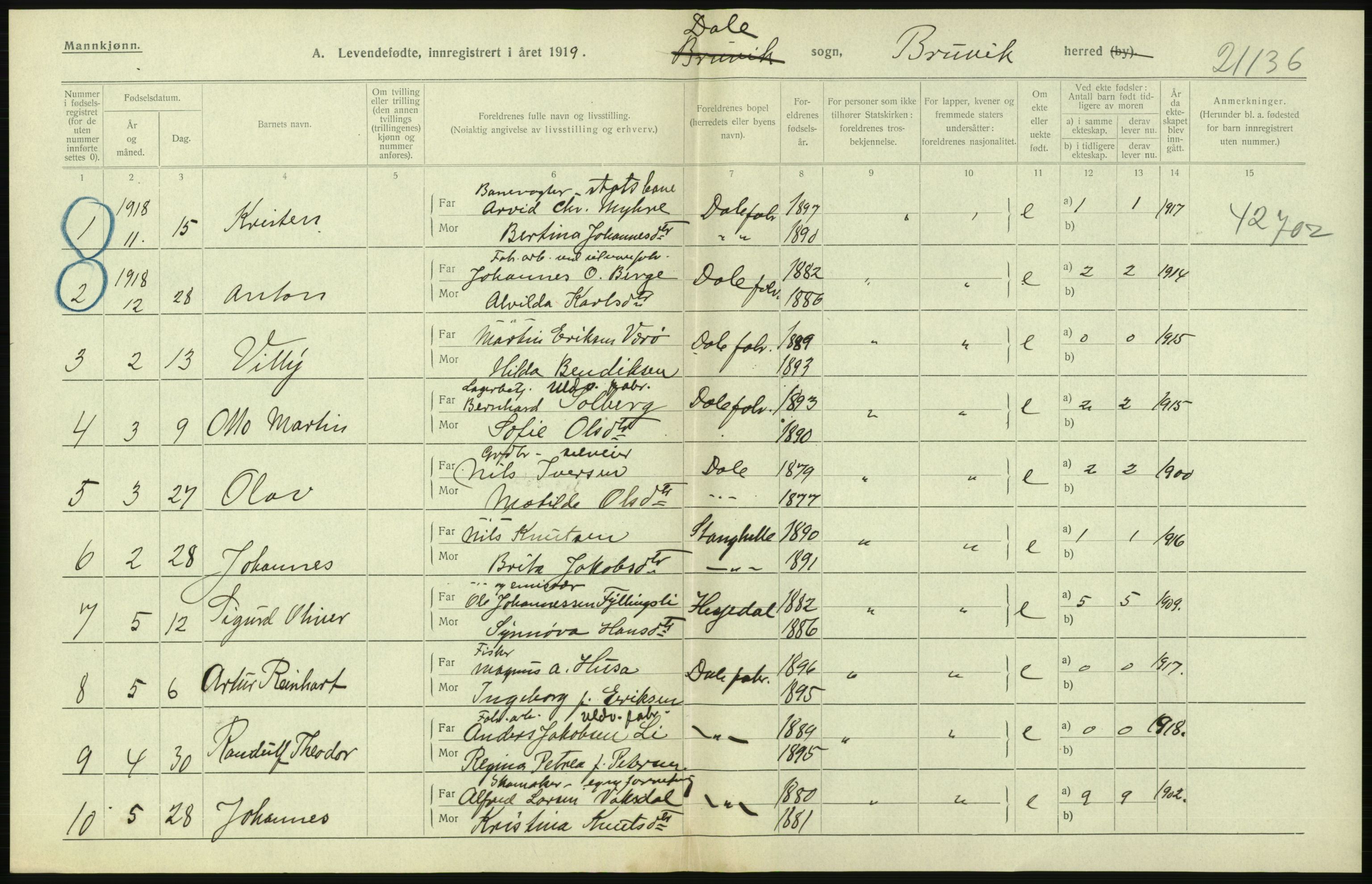 Statistisk sentralbyrå, Sosiodemografiske emner, Befolkning, RA/S-2228/D/Df/Dfb/Dfbi/L0031: Hordaland fylke: Levendefødte menn og kvinner. Bygder., 1919, p. 374