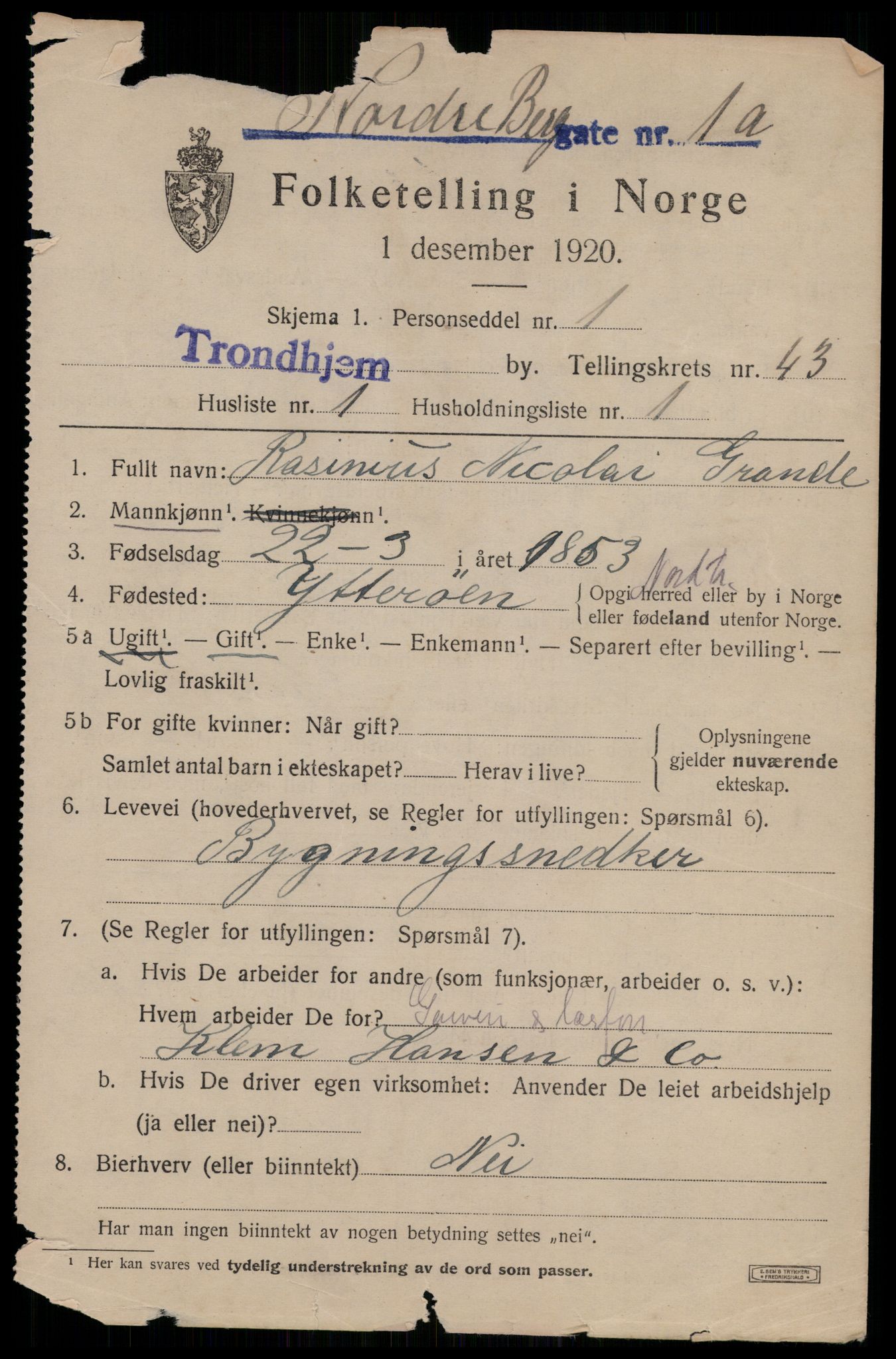 SAT, 1920 census for Trondheim, 1920, p. 93550