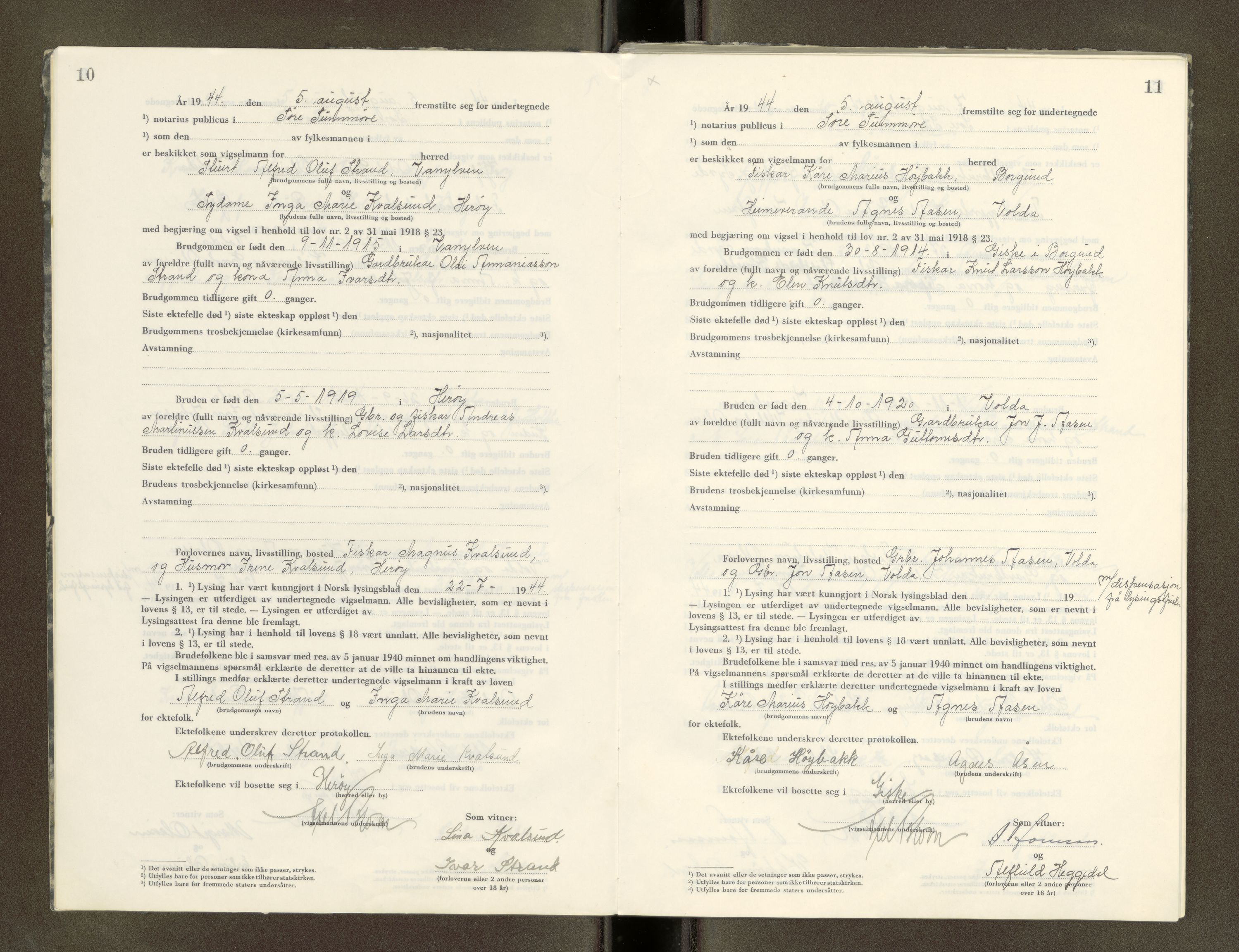 Søre Sunnmøre sorenskriveri, AV/SAT-A-4122/1/6/6D/L0003: Vigselsbok, 1944-1966, p. 10-11