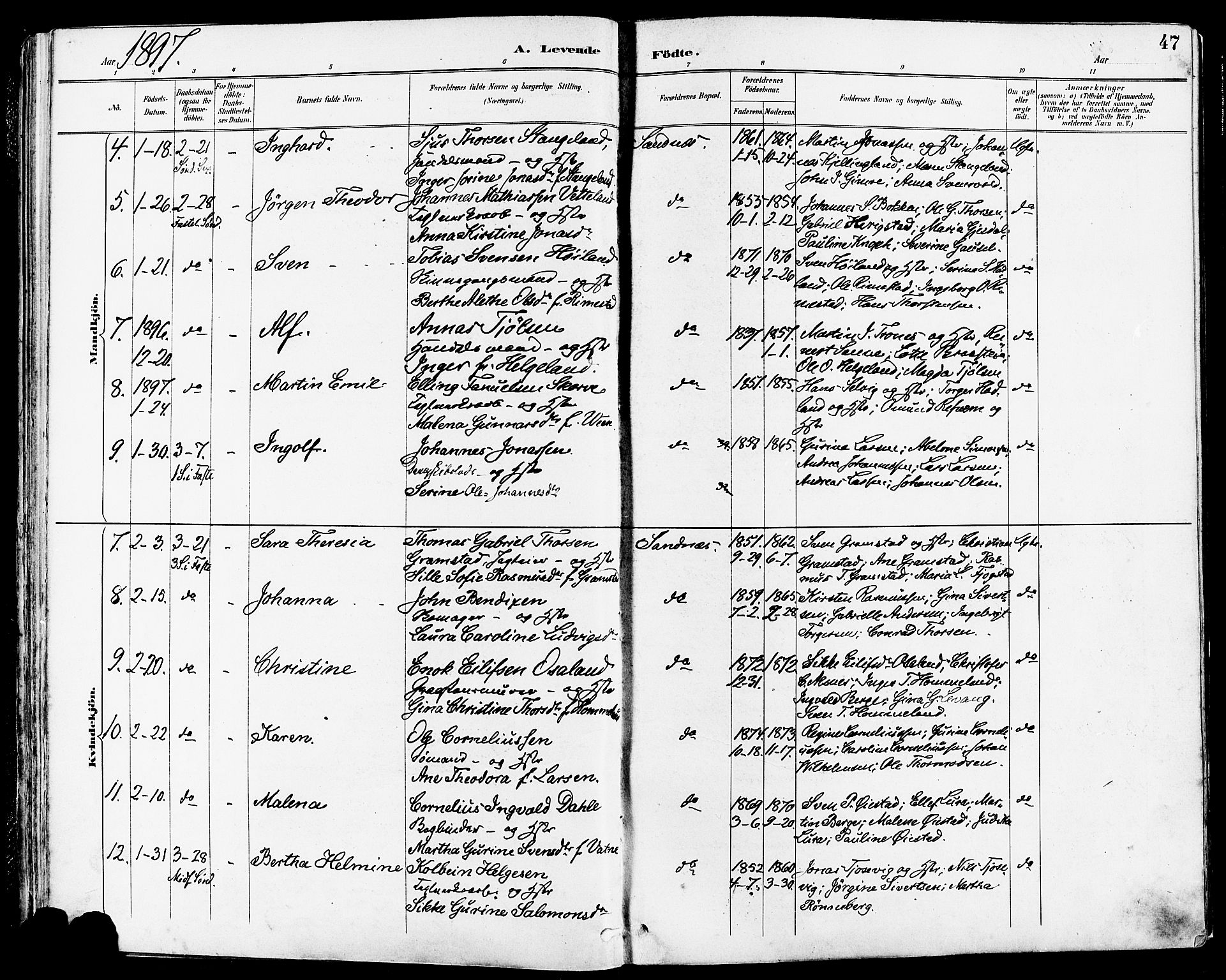 Høyland sokneprestkontor, SAST/A-101799/001/30BA/L0014: Parish register (official) no. A 12, 1890-1898, p. 47