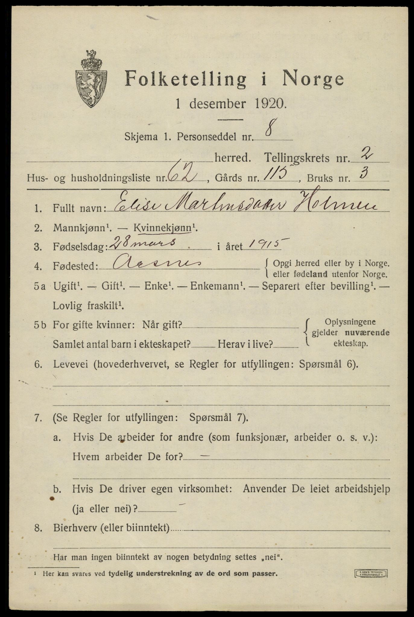 SAH, 1920 census for Åsnes, 1920, p. 3598