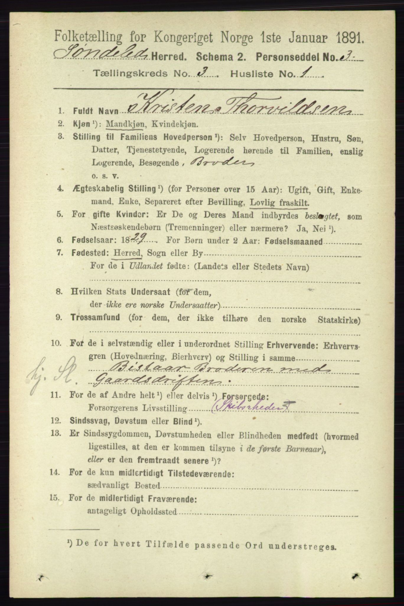 RA, 1891 census for 0913 Søndeled, 1891, p. 603