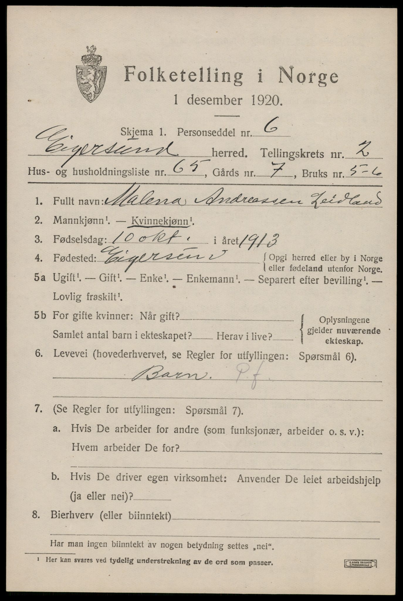 SAST, 1920 census for Eigersund, 1920, p. 2305