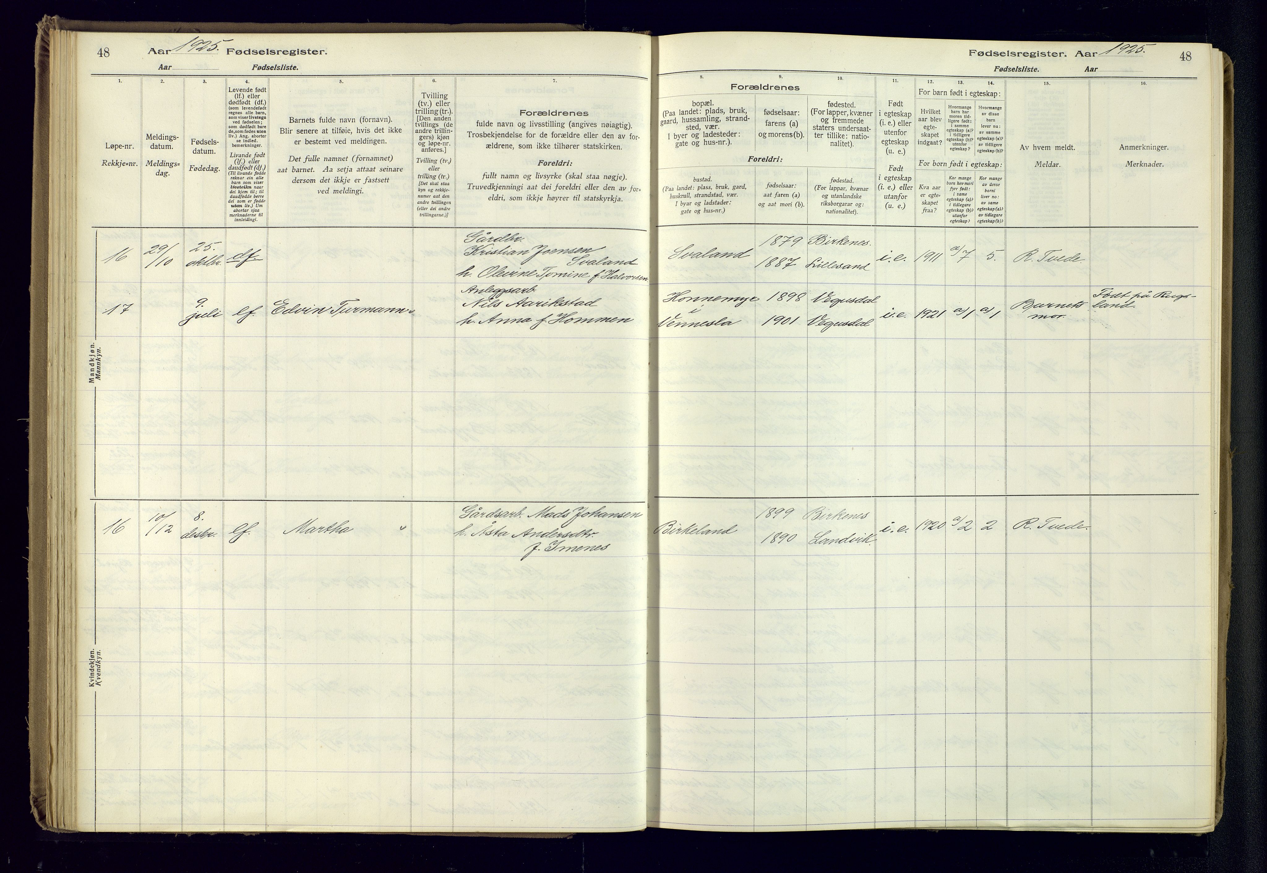 Birkenes sokneprestkontor, AV/SAK-1111-0004/J/Ja/L0001: Birth register no. II.6.4, 1916-1962, p. 48